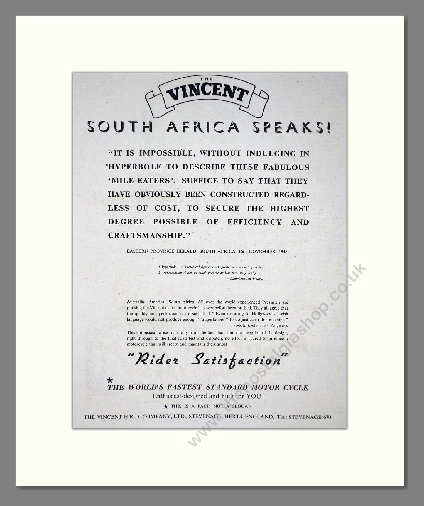 Vincent - South Africa Speaks!. Vintage Advert 1950 (ref AD67162)