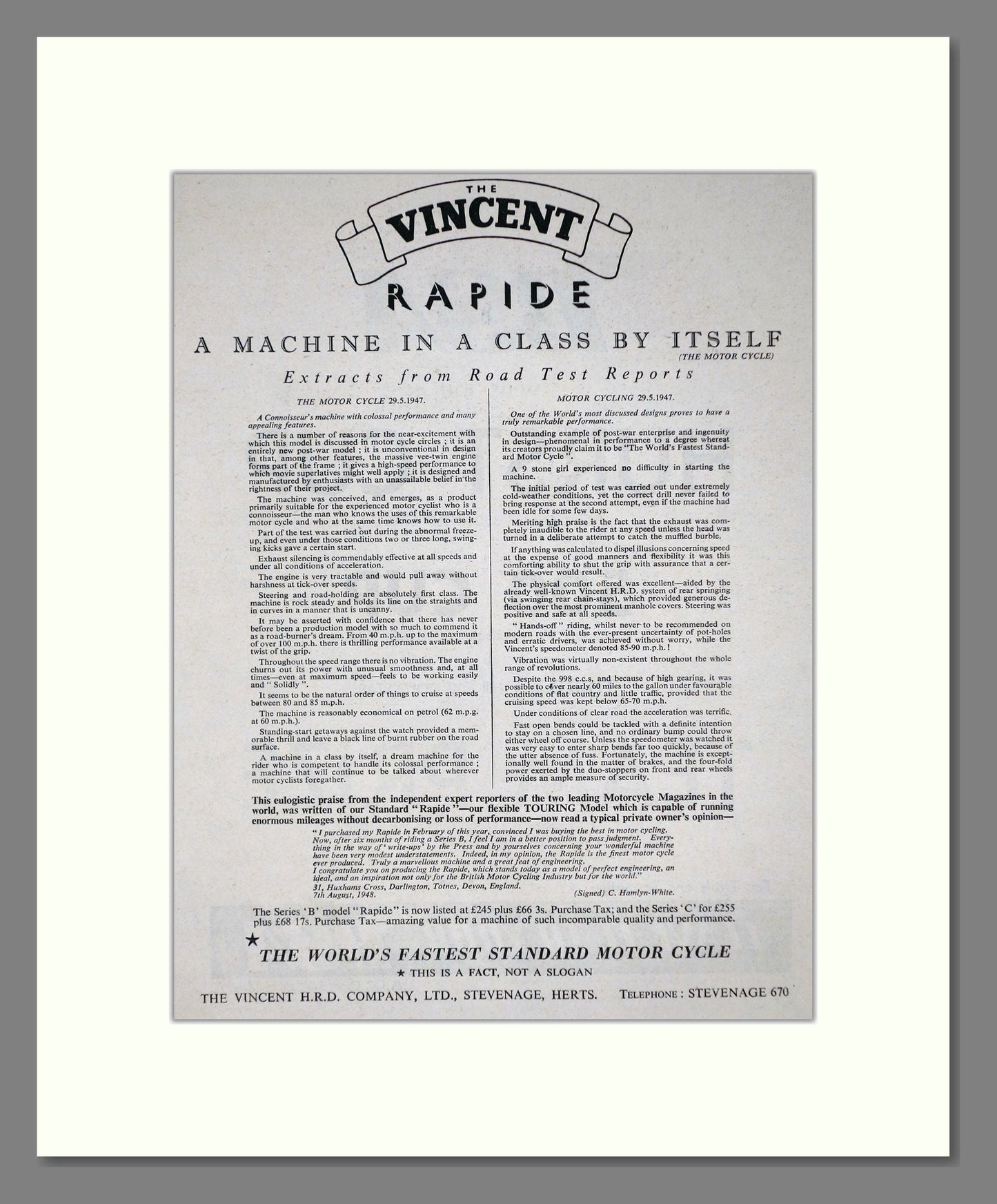 Vincent - Rapide. Vintage Advert 1950 (ref AD67166)