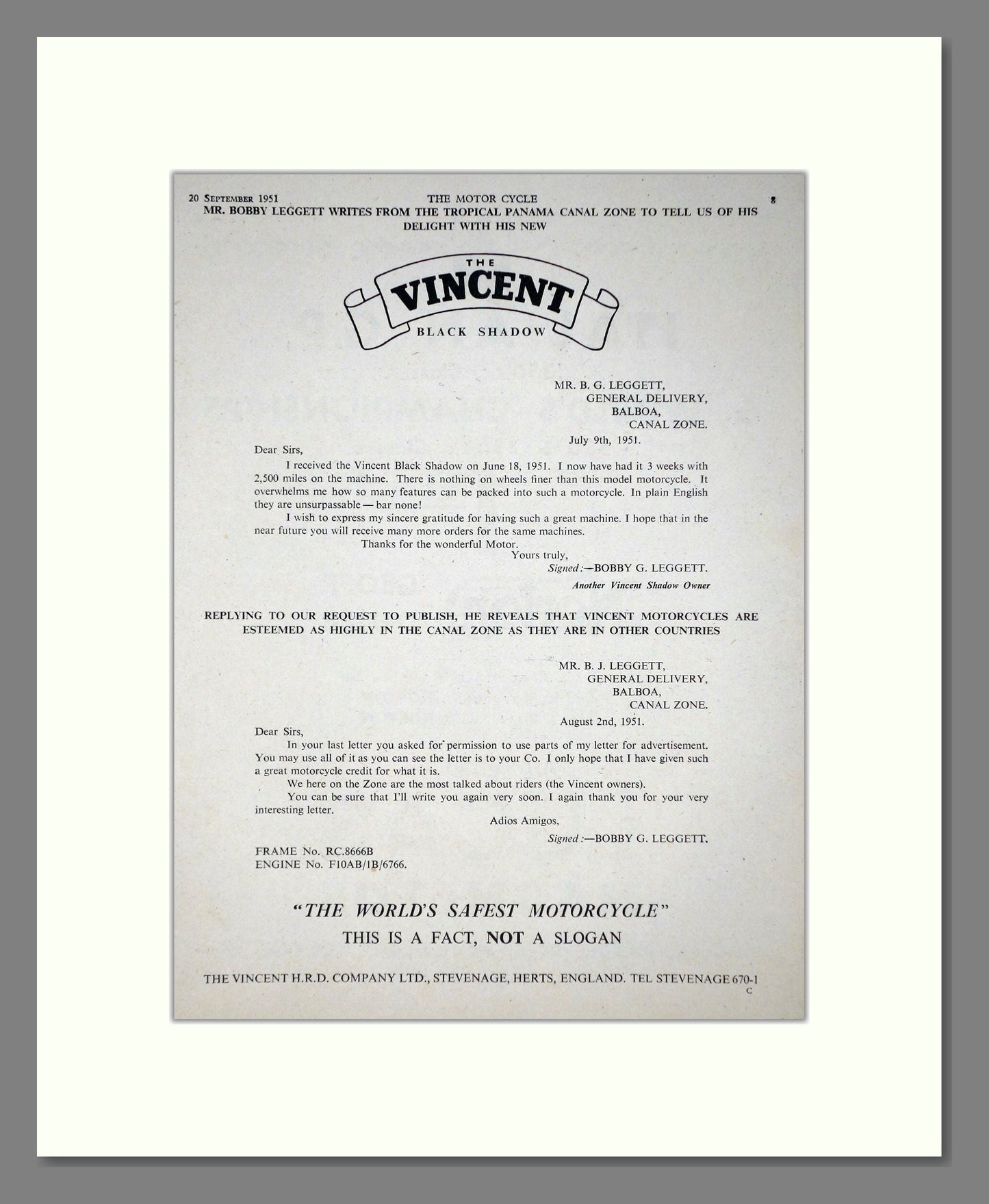 Vincent - Black Shadow. Vintage Advert 1951 (ref AD67167)