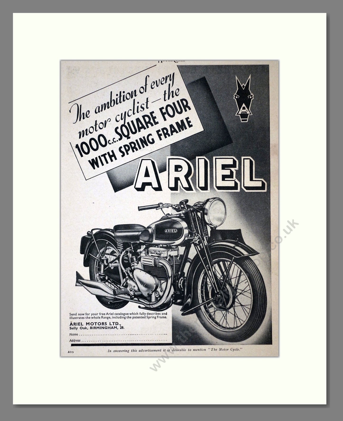 Ariel - 1000cc Square Four. Vintage Advert 1939 (ref AD67196)