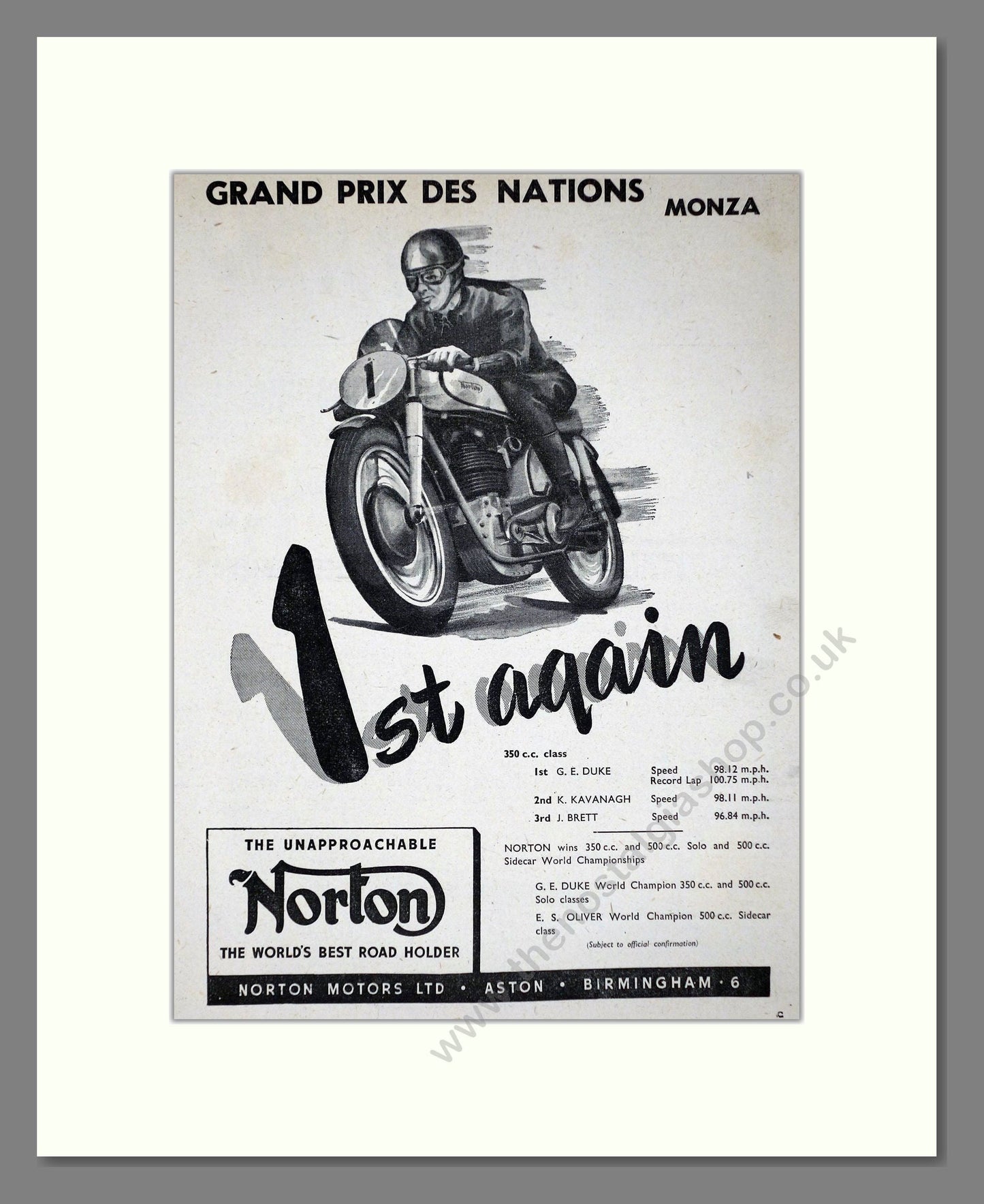 Norton - Monza GP Win. Vintage Advert 1951 (ref AD67239)