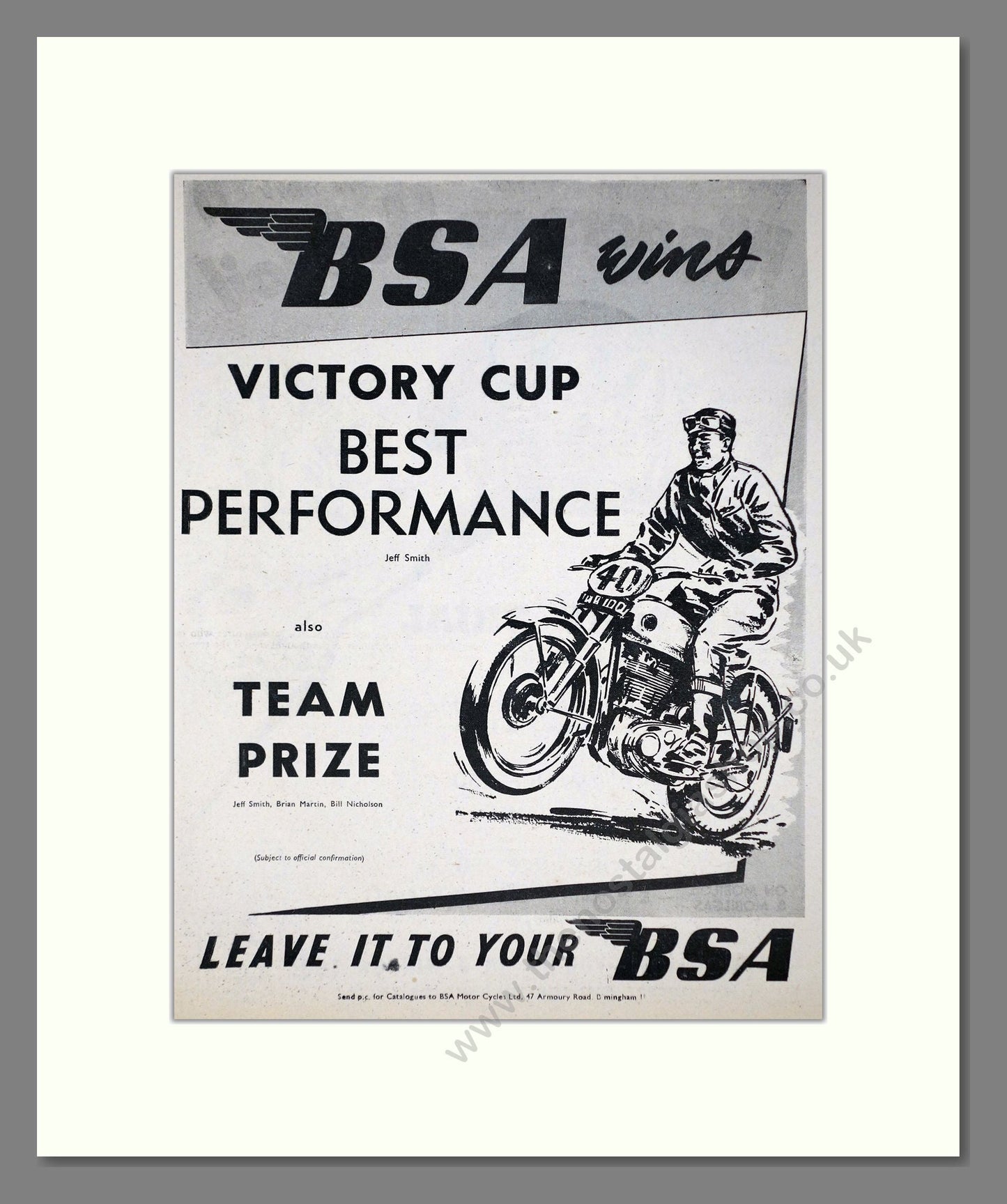 BSA - Victory Cup Best Performance. Vintage Advert 1955 (ref AD67282)