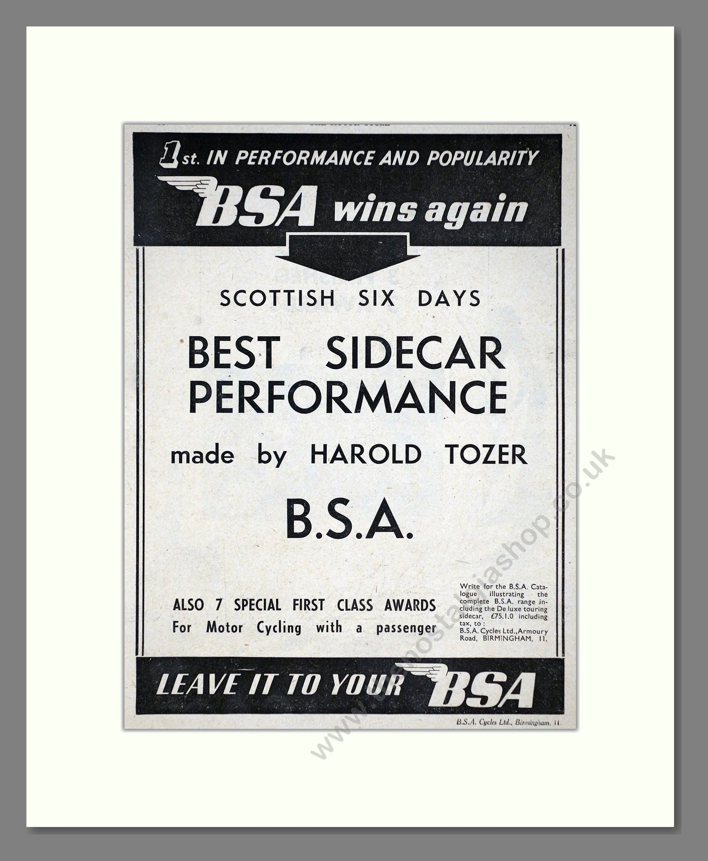 BSA - Scottish Six Days Sidecar Winner. Vintage Advert 1950 (ref AD67286)