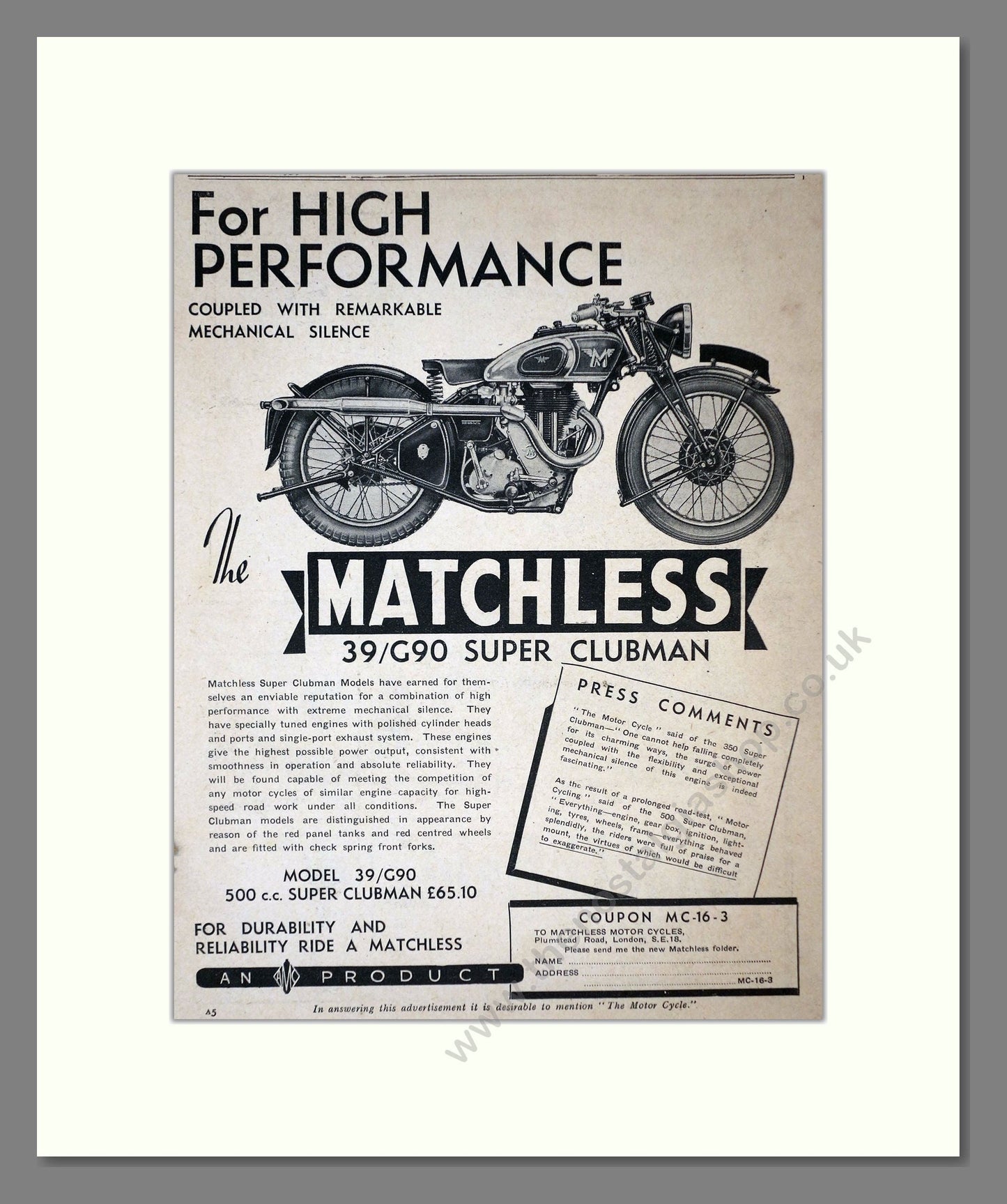 Matchless - 39/G90 Super Clubman. Vintage Advert 1939 (ref AD67292)