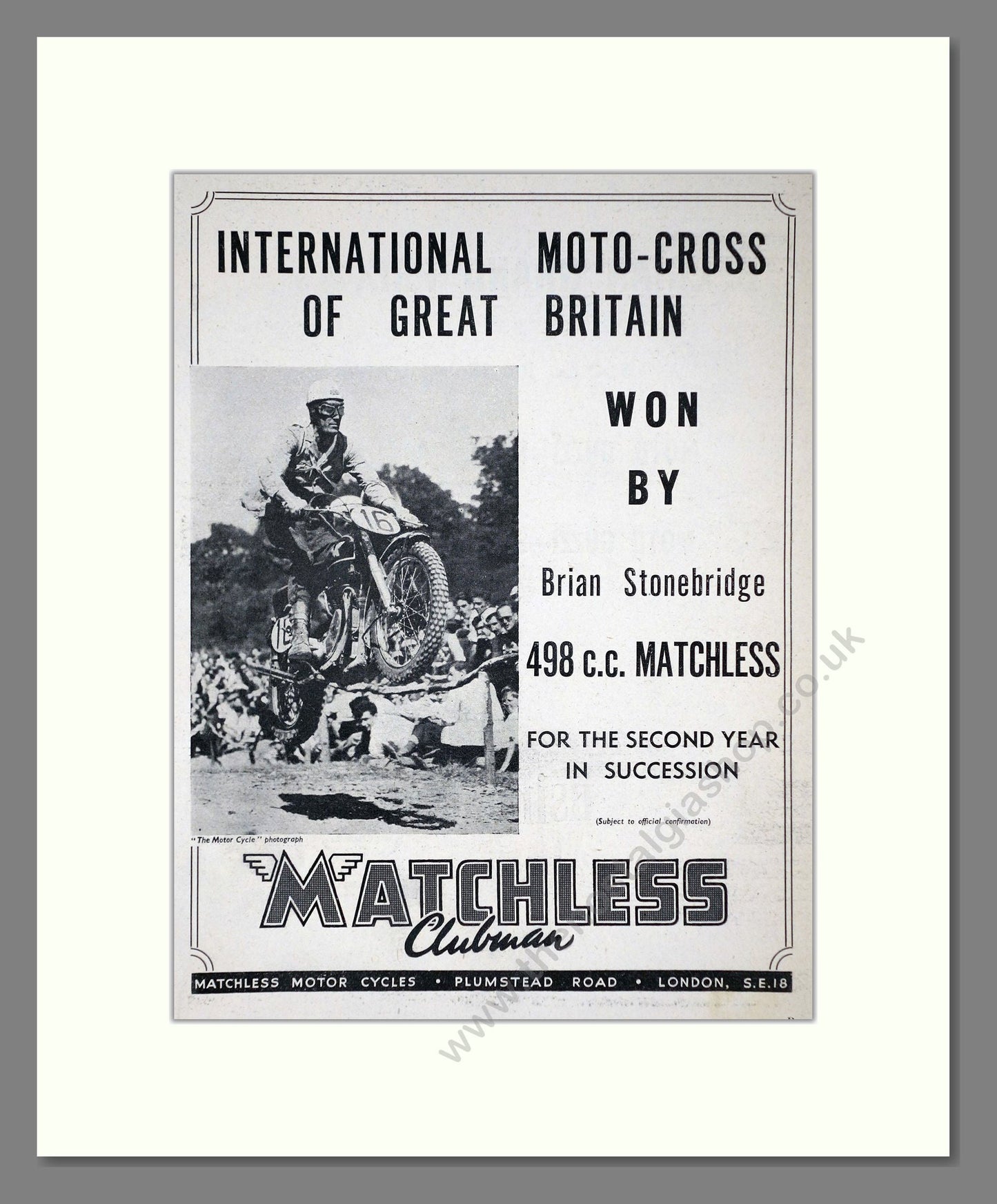Matchless - 498 cc Moto-Cross of Great Britain. Vintage Advert 1953 (ref AD67305)