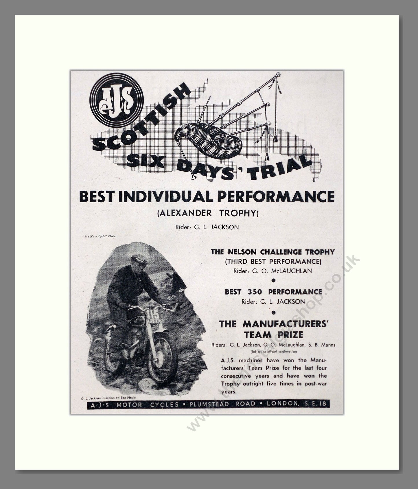 AJS - Scottish Six Day Trial Winner. Vintage Advert 1956 (ref AD67321)