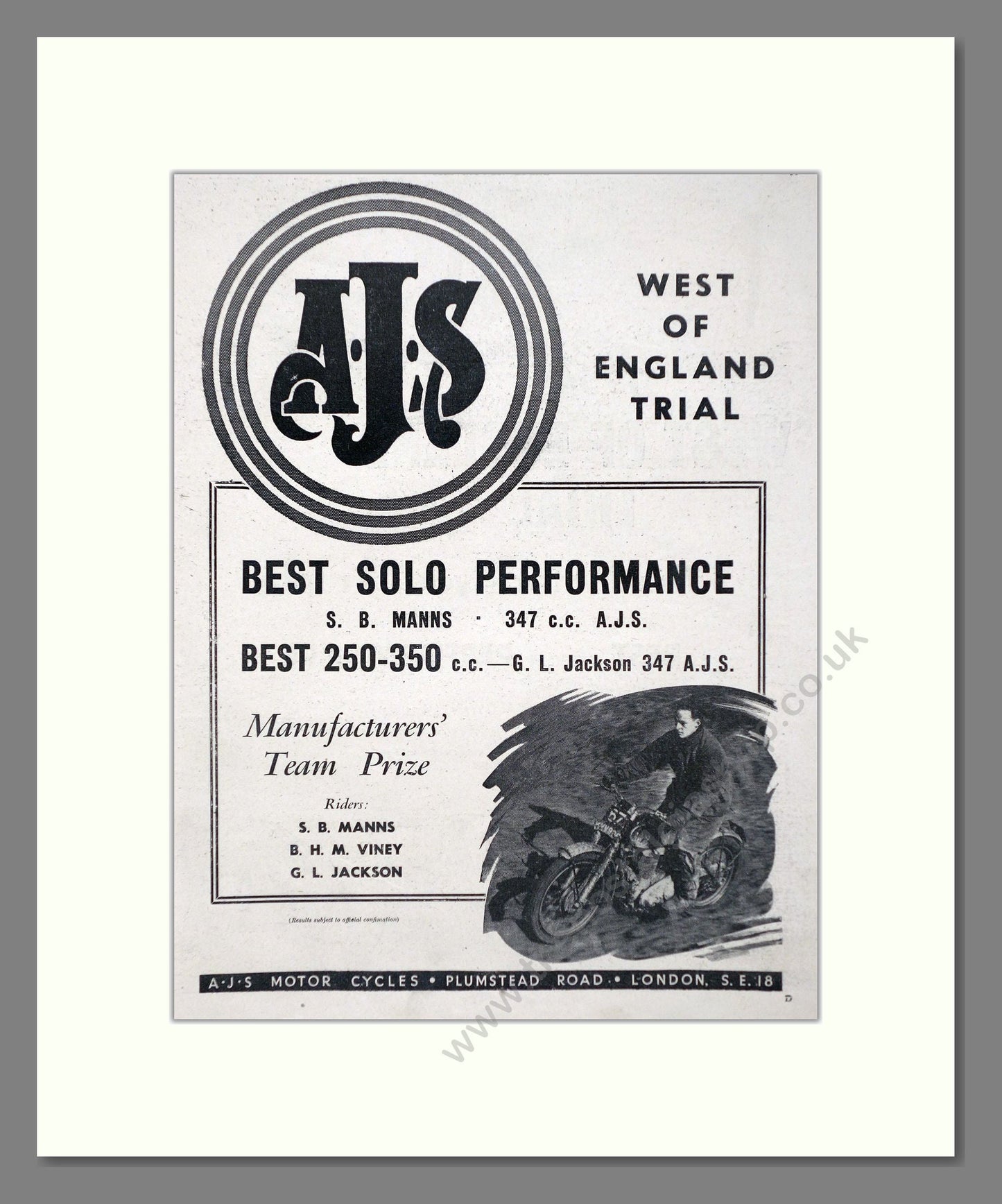 AJS - West Of England Trial Winner. Vintage Advert 1954 (ref AD67327)