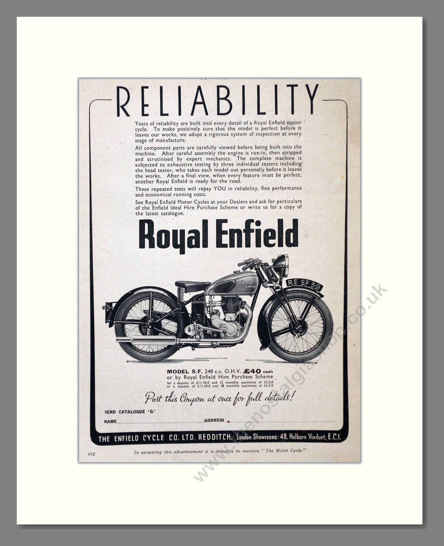 Royal Enfield - Model SF. Vintage Advert 1939 (ref AD67347)
