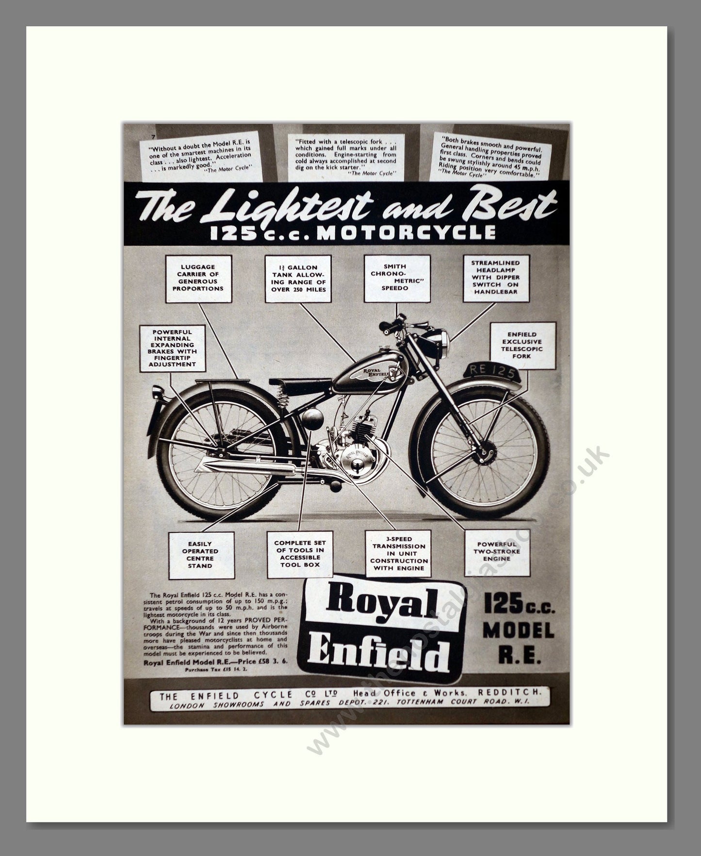 Royal Enfield - Model RE 125cc. Vintage Advert 1950 (ref AD67354)