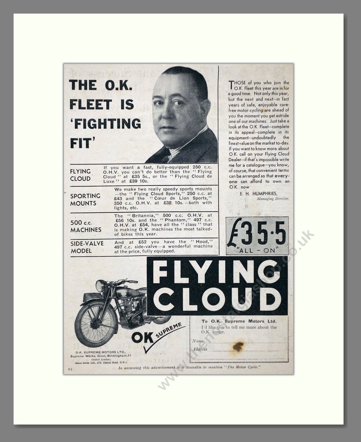 OK Supreme - Flying Cloud. Vintage Advert 1934 (ref AD67374)