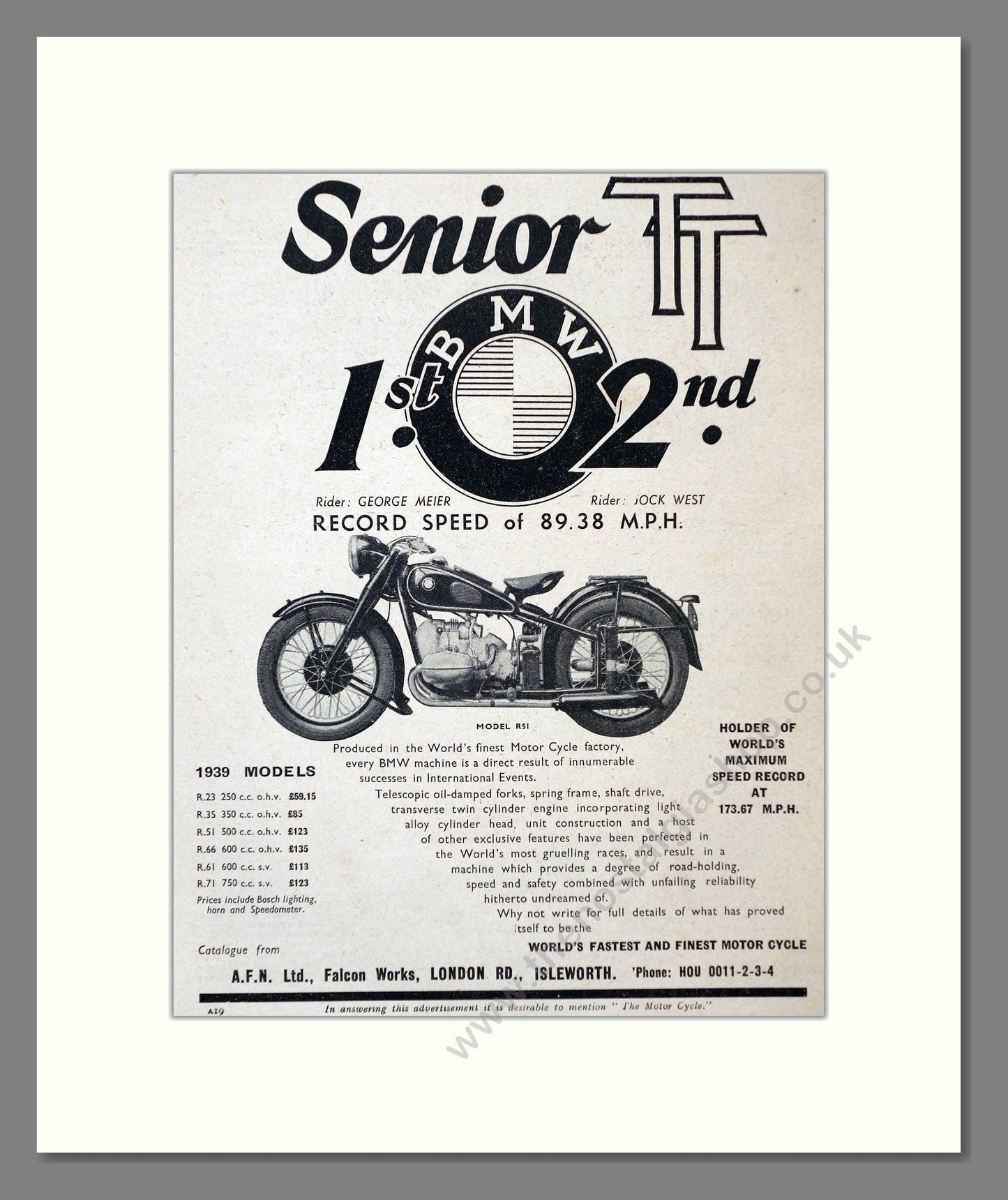 BMW - Senior TT Winner. Vintage Advert 1939 (ref AD67384)