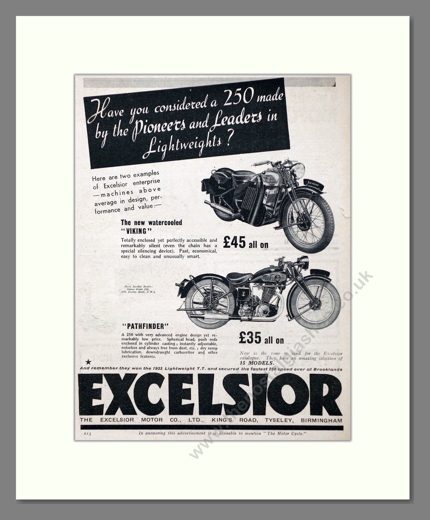 Excelsior - Viking / Pathfinder. Vintage Advert 1934 (ref AD67401)