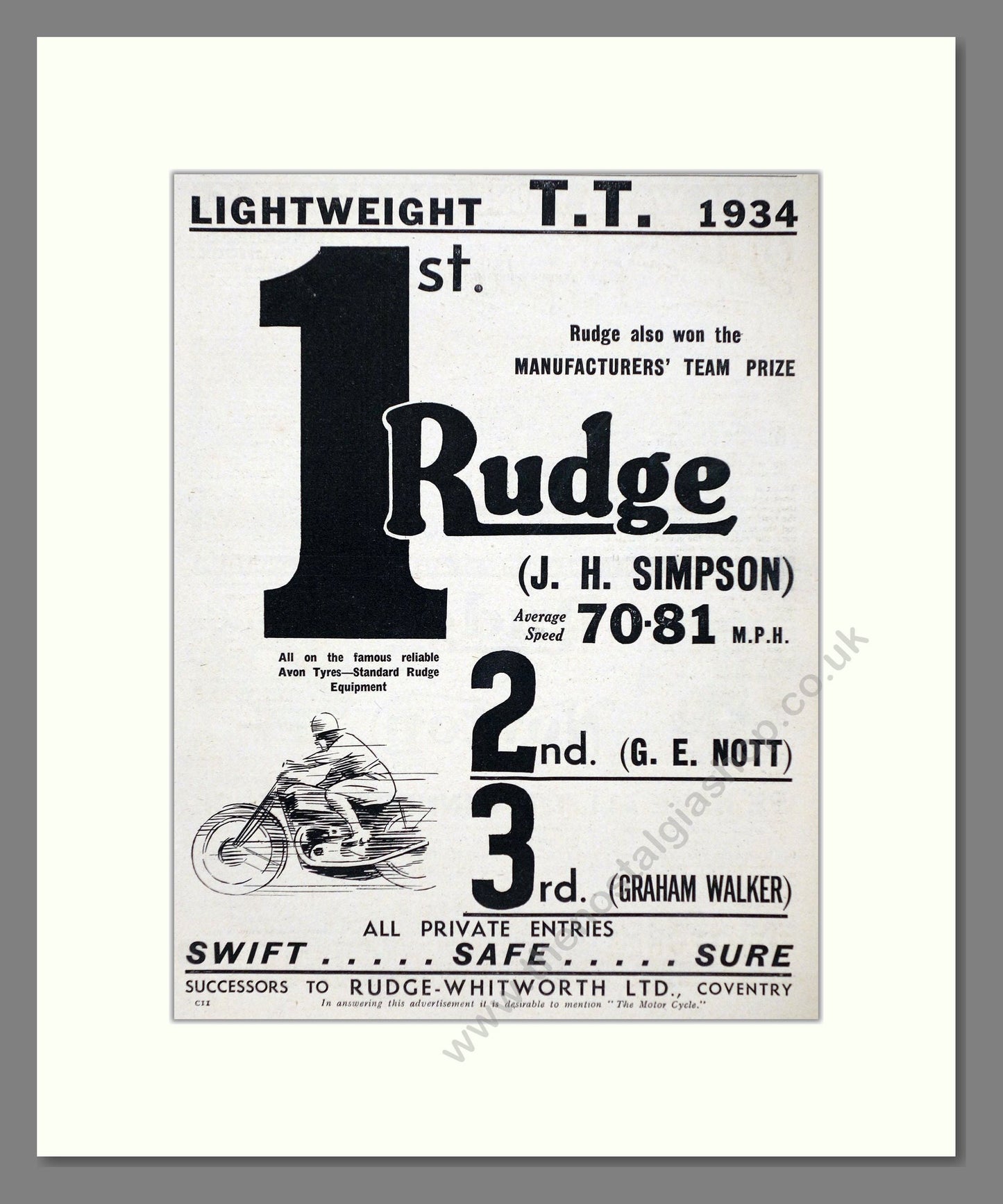 Rudge - Lightweight TT Winner . Vintage Advert 1934 (ref AD67416)