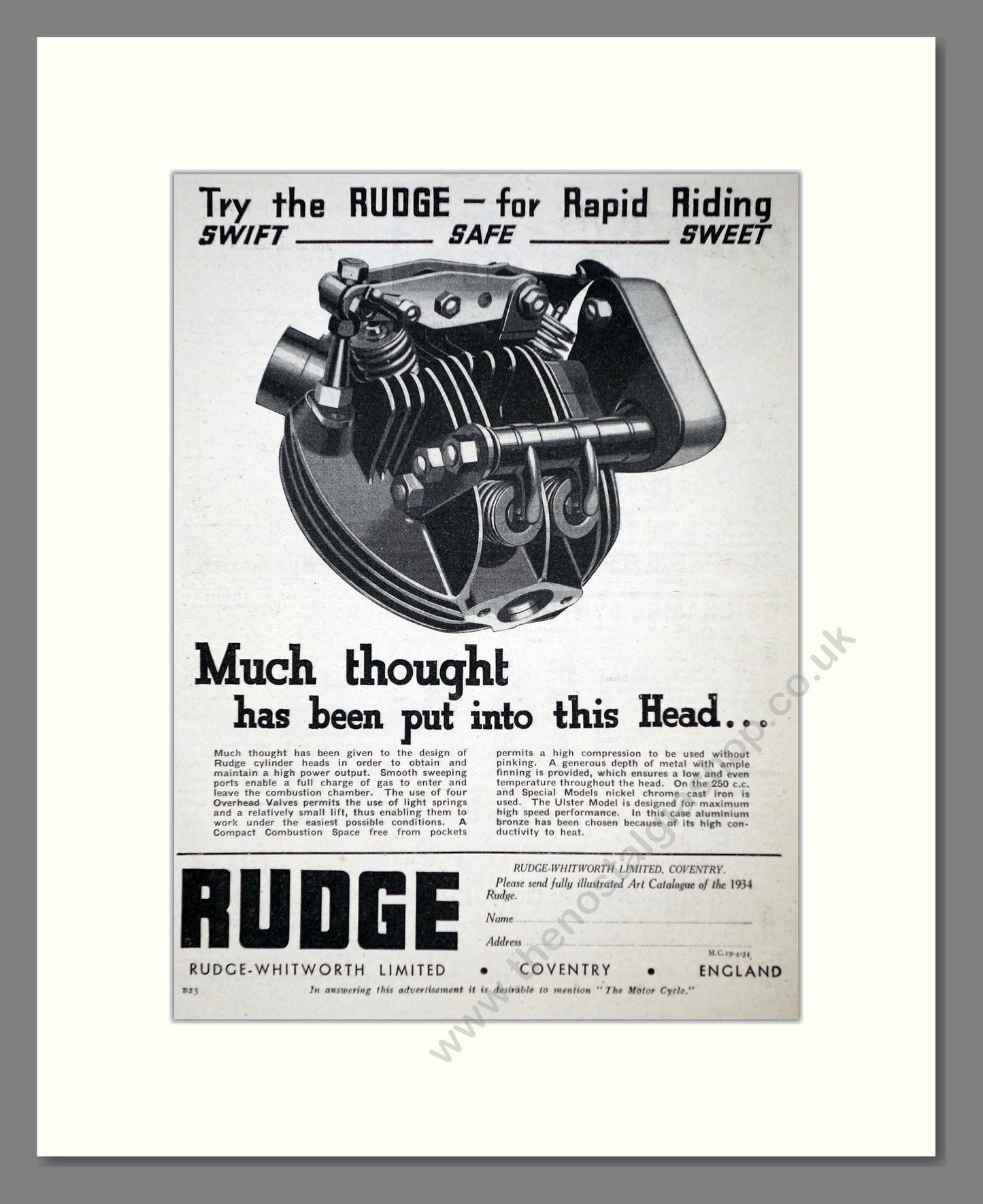 Rudge - Swift Safe Sweet. Vintage Advert 1934 (ref AD67418)