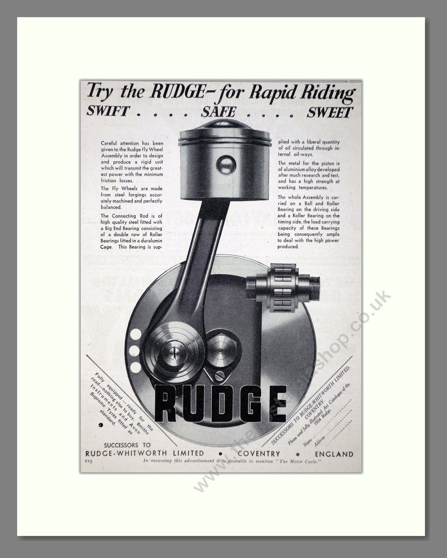 Rudge - Swift Safe Sweet. Vintage Advert 1934 (ref AD67419)