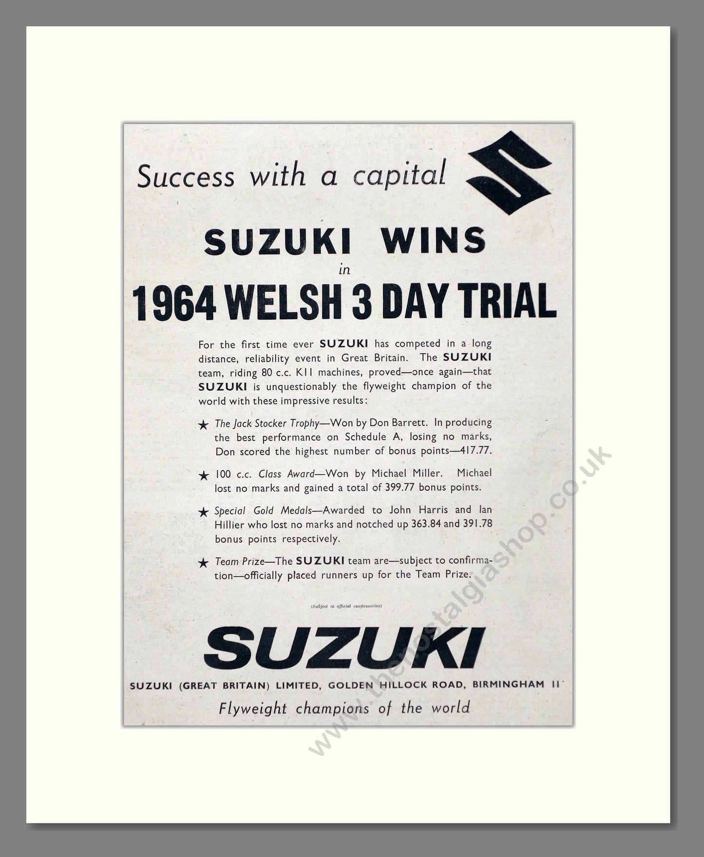 Suzuki - Welsh 3 Day Trial Winner. Vintage Advert 1964 (ref AD67423)