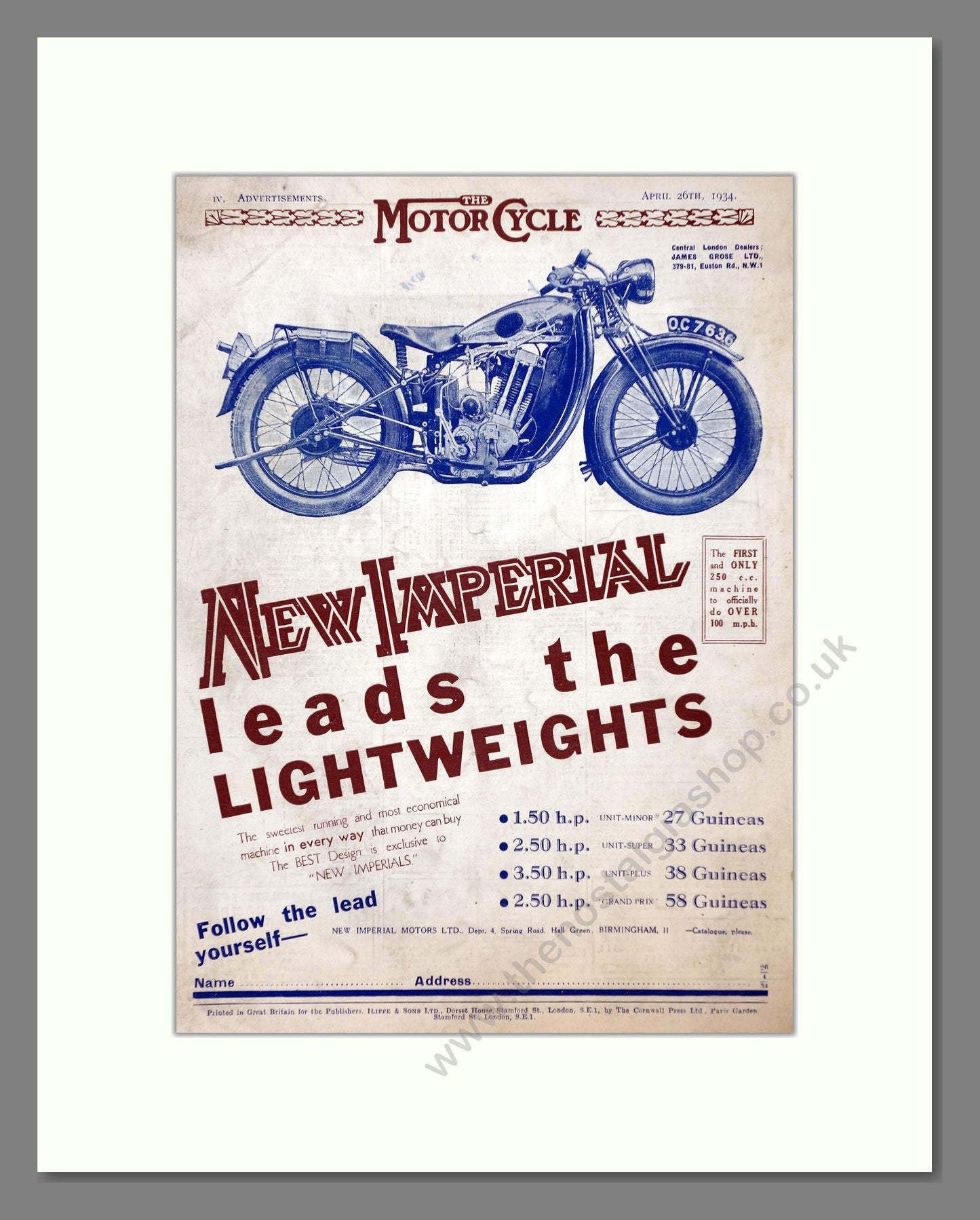 New Imperial - Leads The Lightweights. Vintage Advert 1934 (ref AD67425)