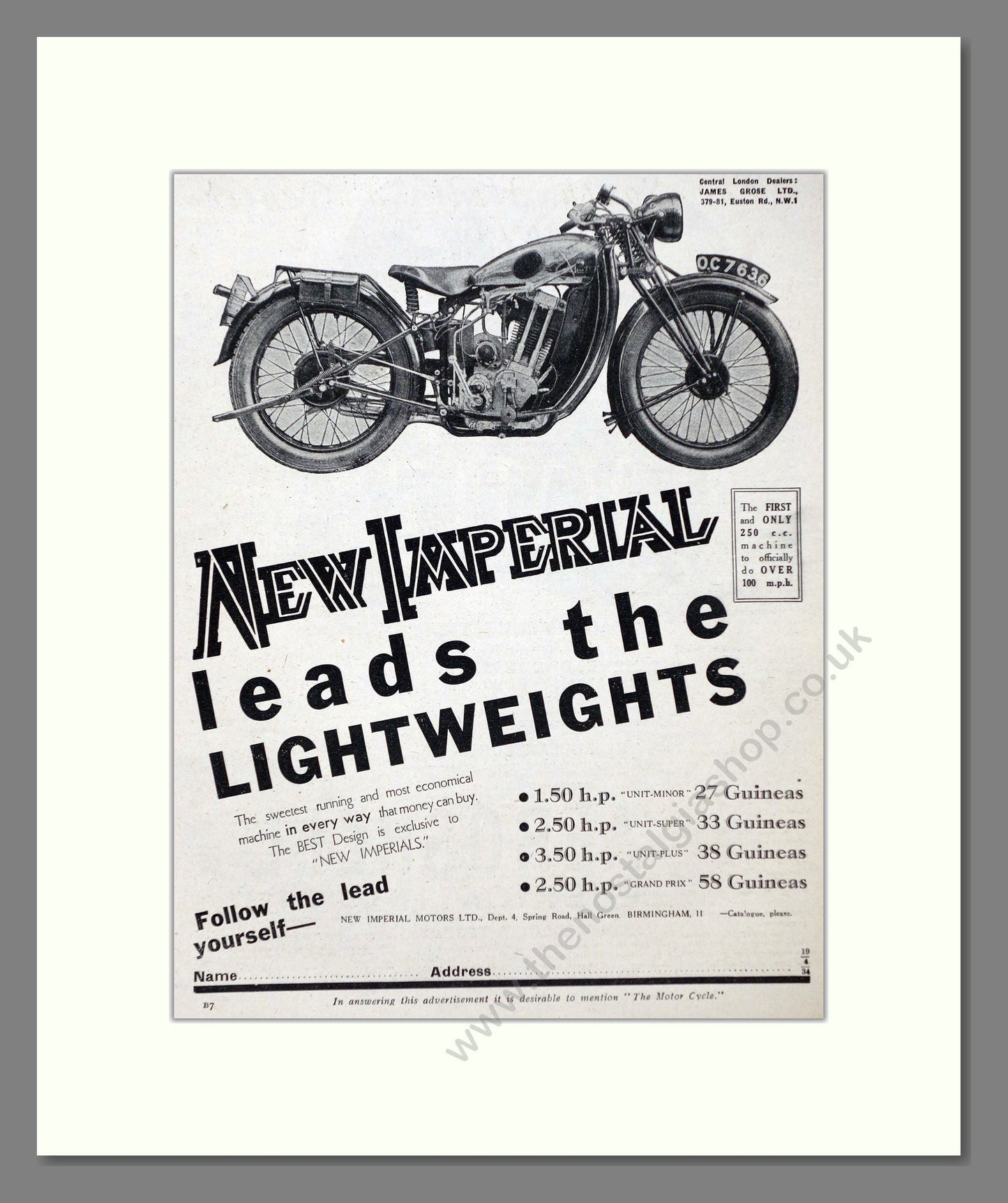 New Imperial - Leads The Lightweights. Vintage Advert 1934 (ref AD67427)