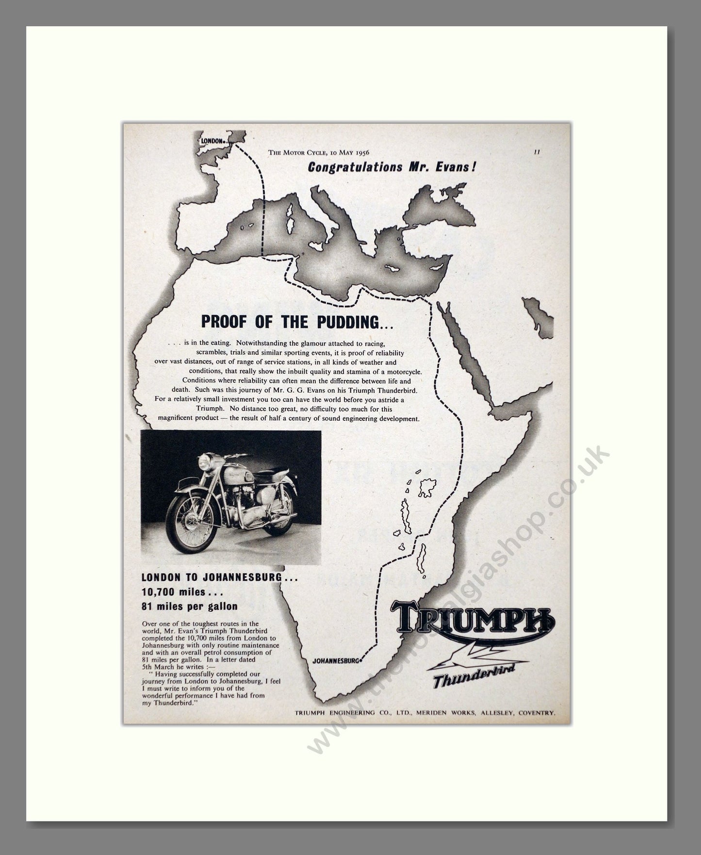Triumph - Thunderbird London To Johannesburg. Vintage Advert 1956 (ref AD67442)