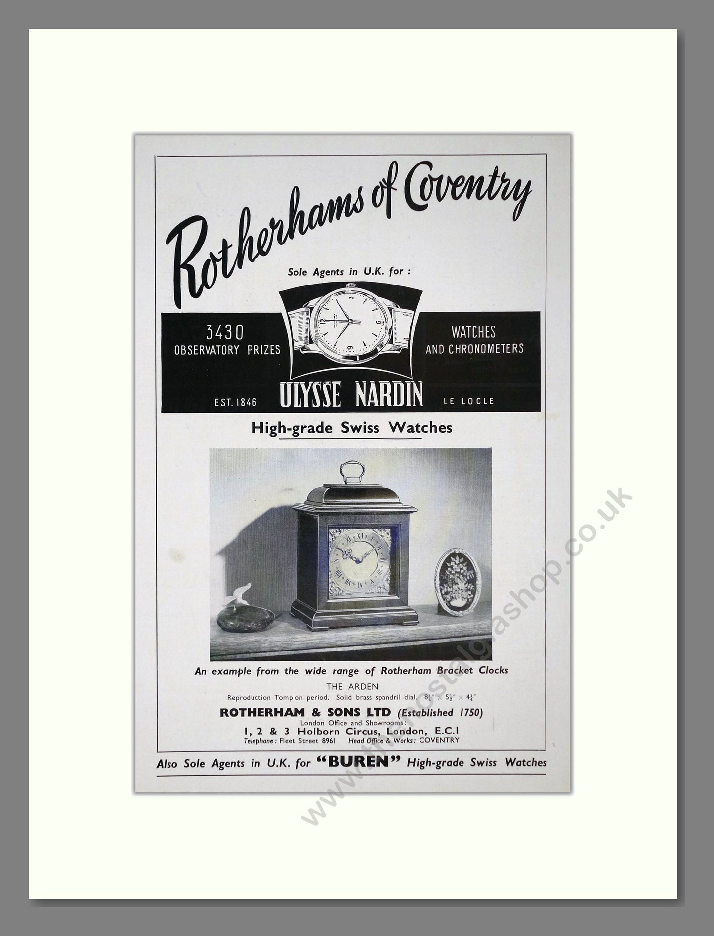 Ulysse Nardin - Rotherhams Of Coventry. Vintage Advert 1957 (ref AD67489)