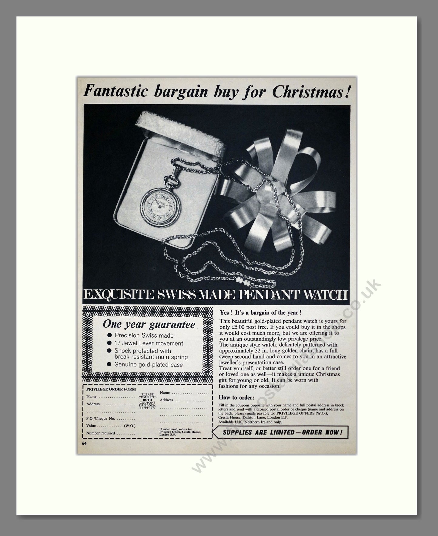 Swiss Pendant Watch - Mail Order. Vintage Advert 1972 (ref AD67495)