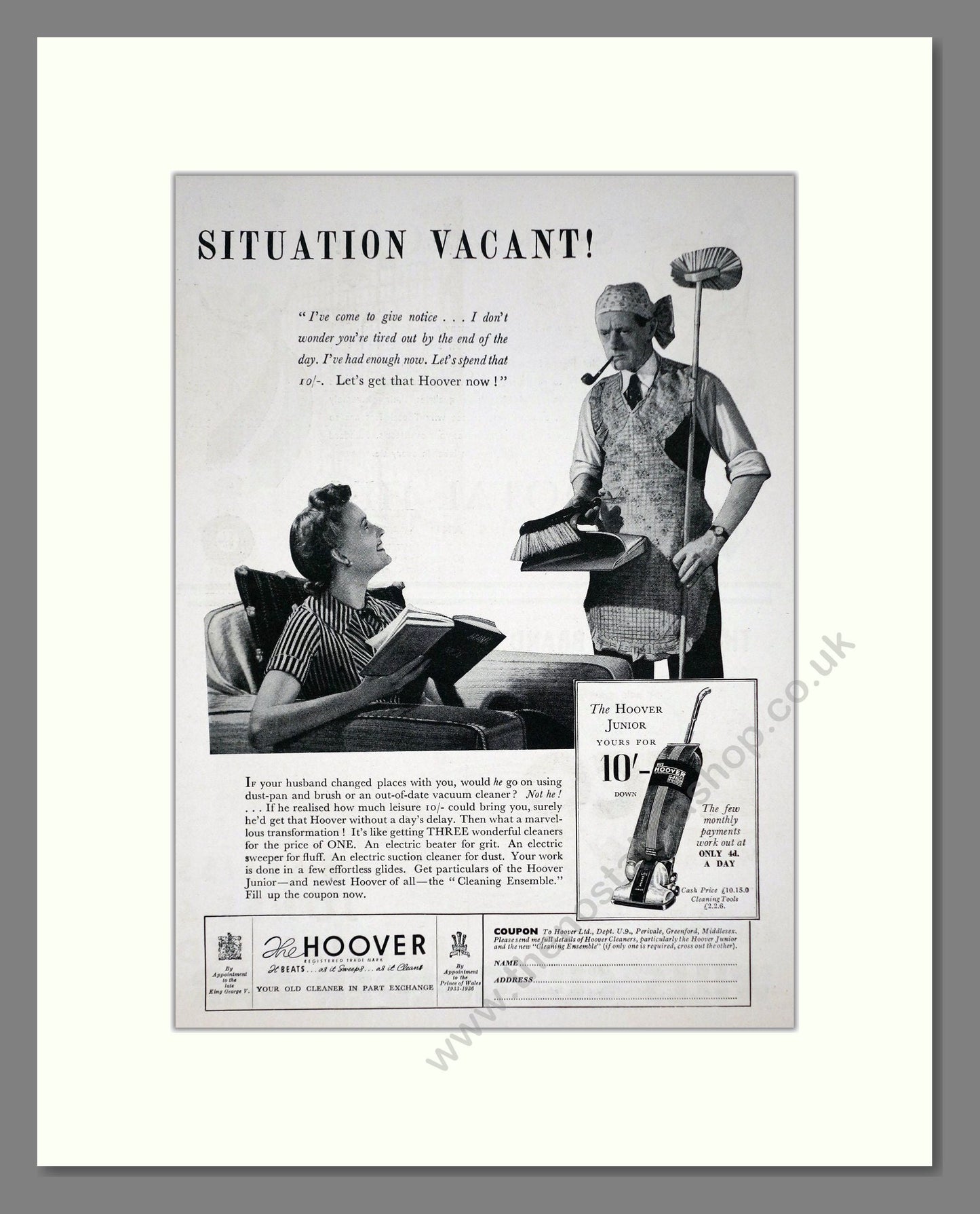 Hoover - Situation Vacant. Vintage Advert 1938 (ref AD67740)