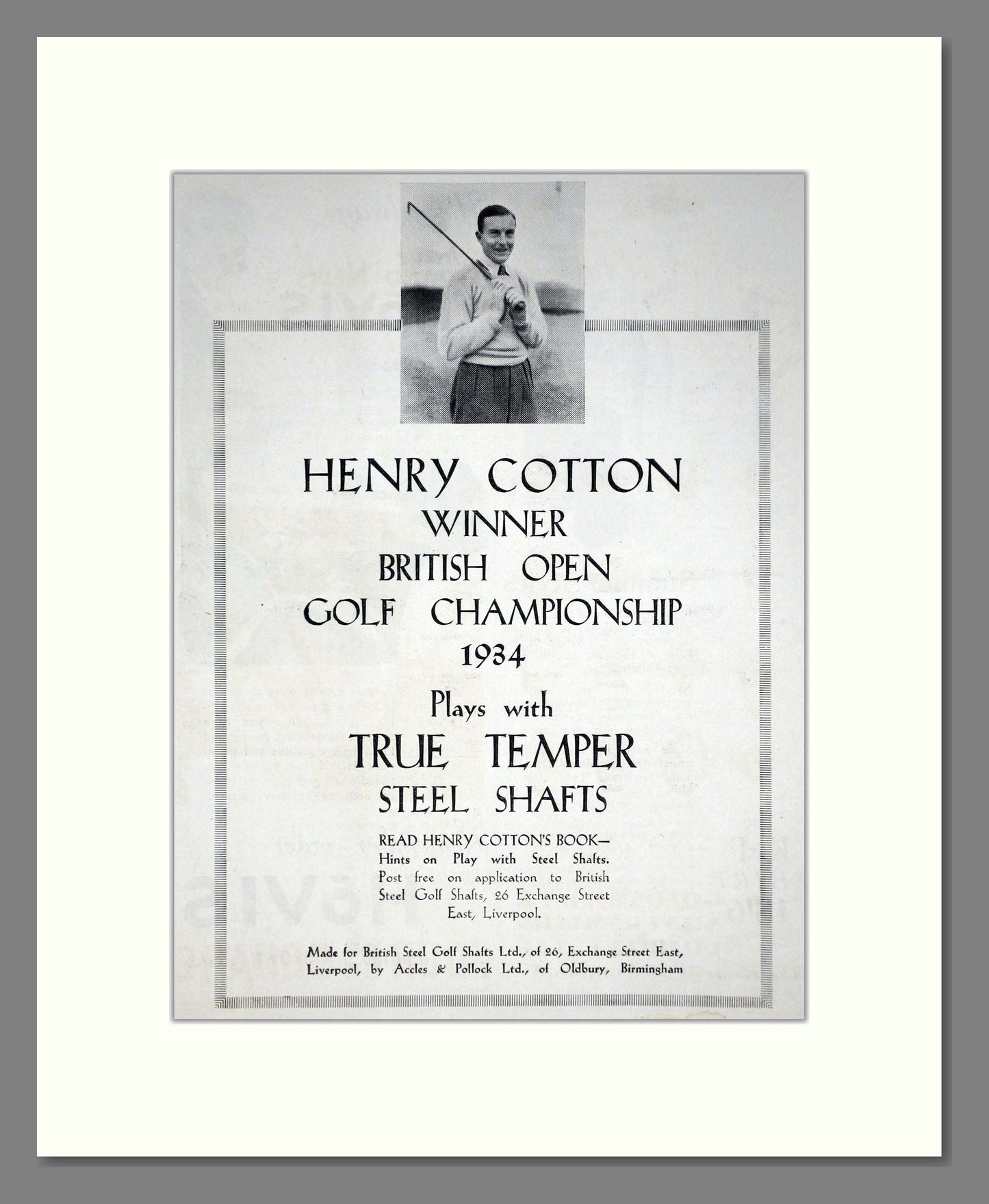 True Temper - Steel Golf Club Shafts (Henry Cotton). Vintage Advert 1934 (ref AD67752)