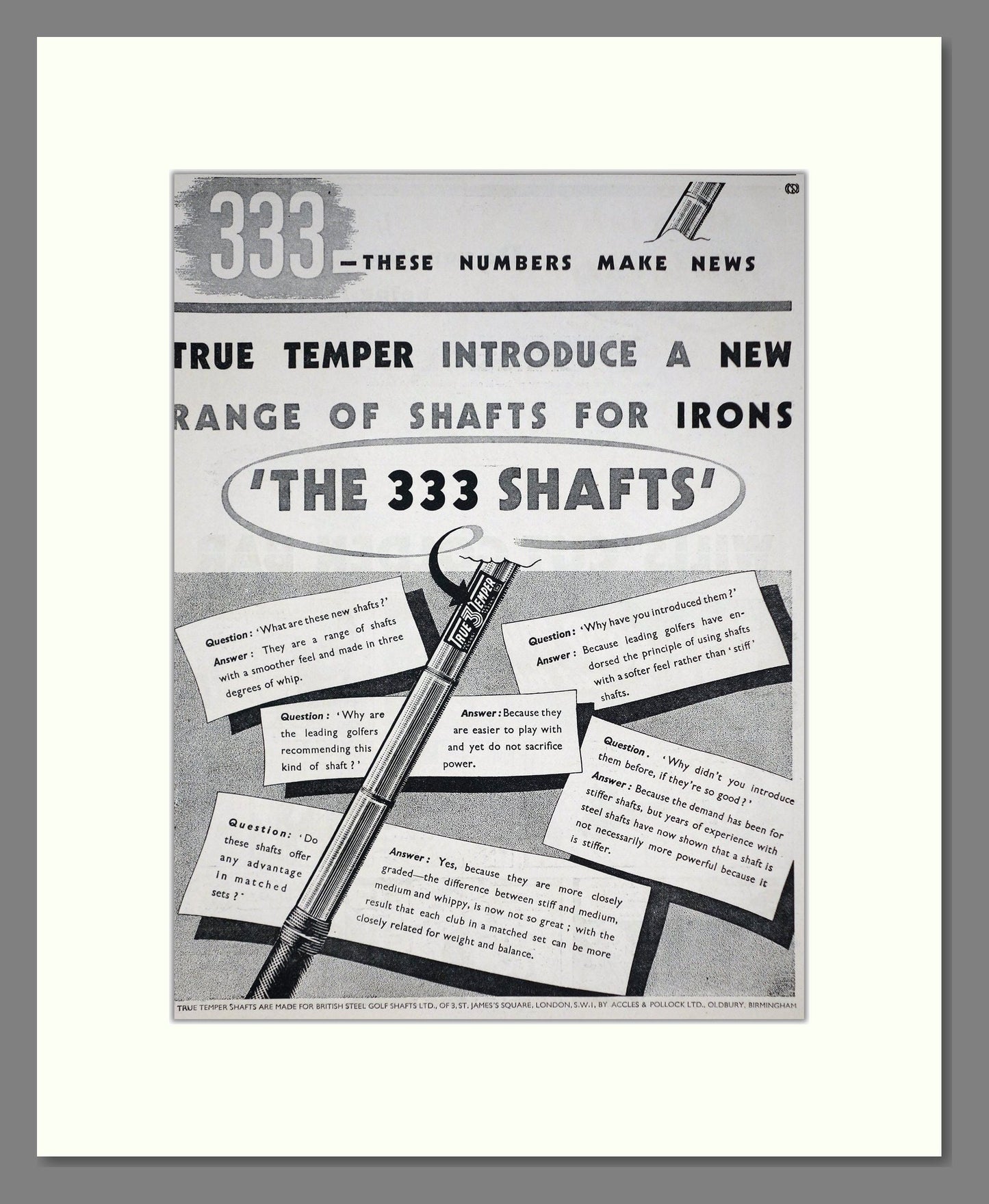 True Temper - 333 Steel Golf Club Shafts. Vintage Advert 1938 (ref AD67754)