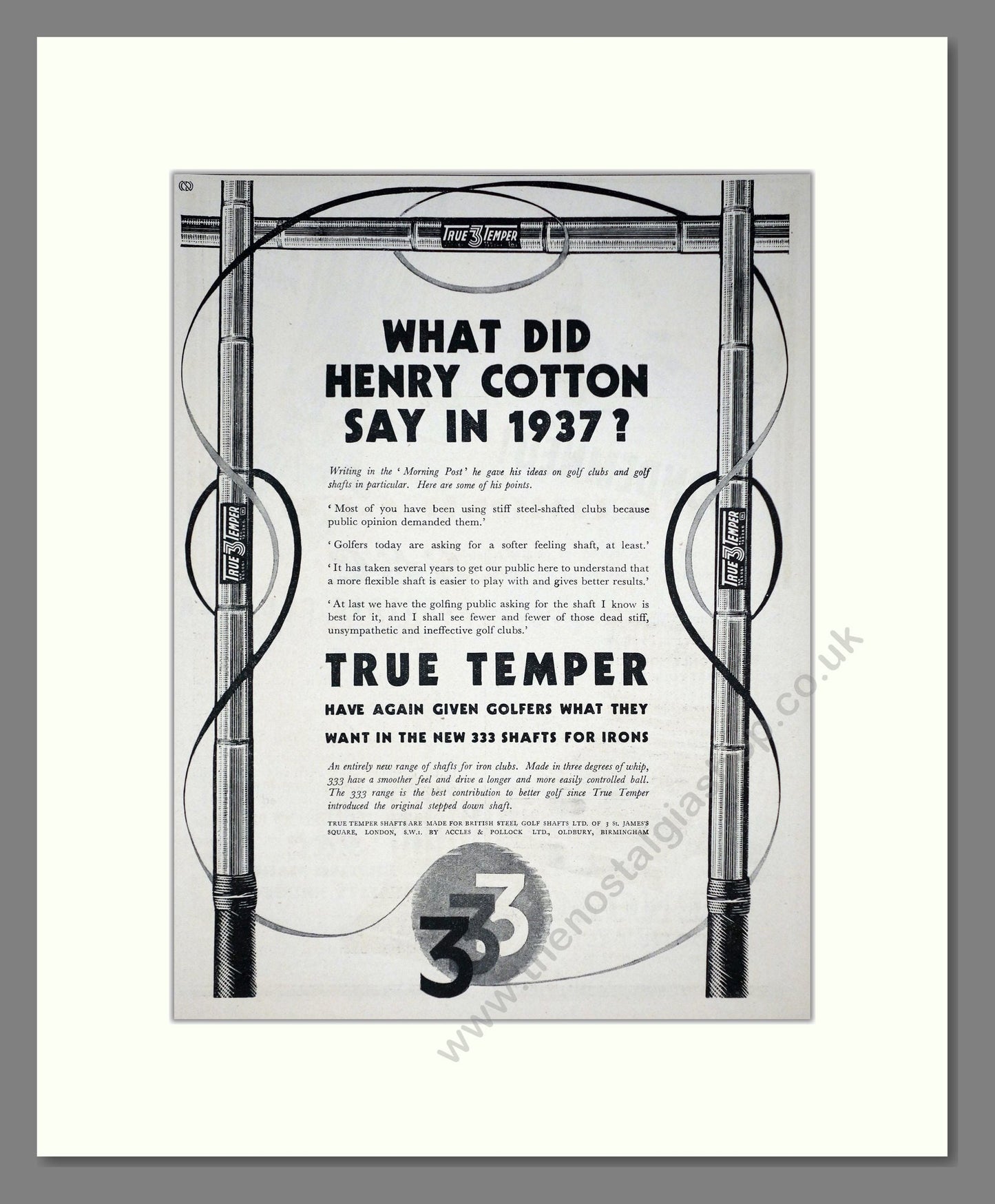 True Temper - Steel Golf Club Shafts. Vintage Advert 1938 (ref AD67756)