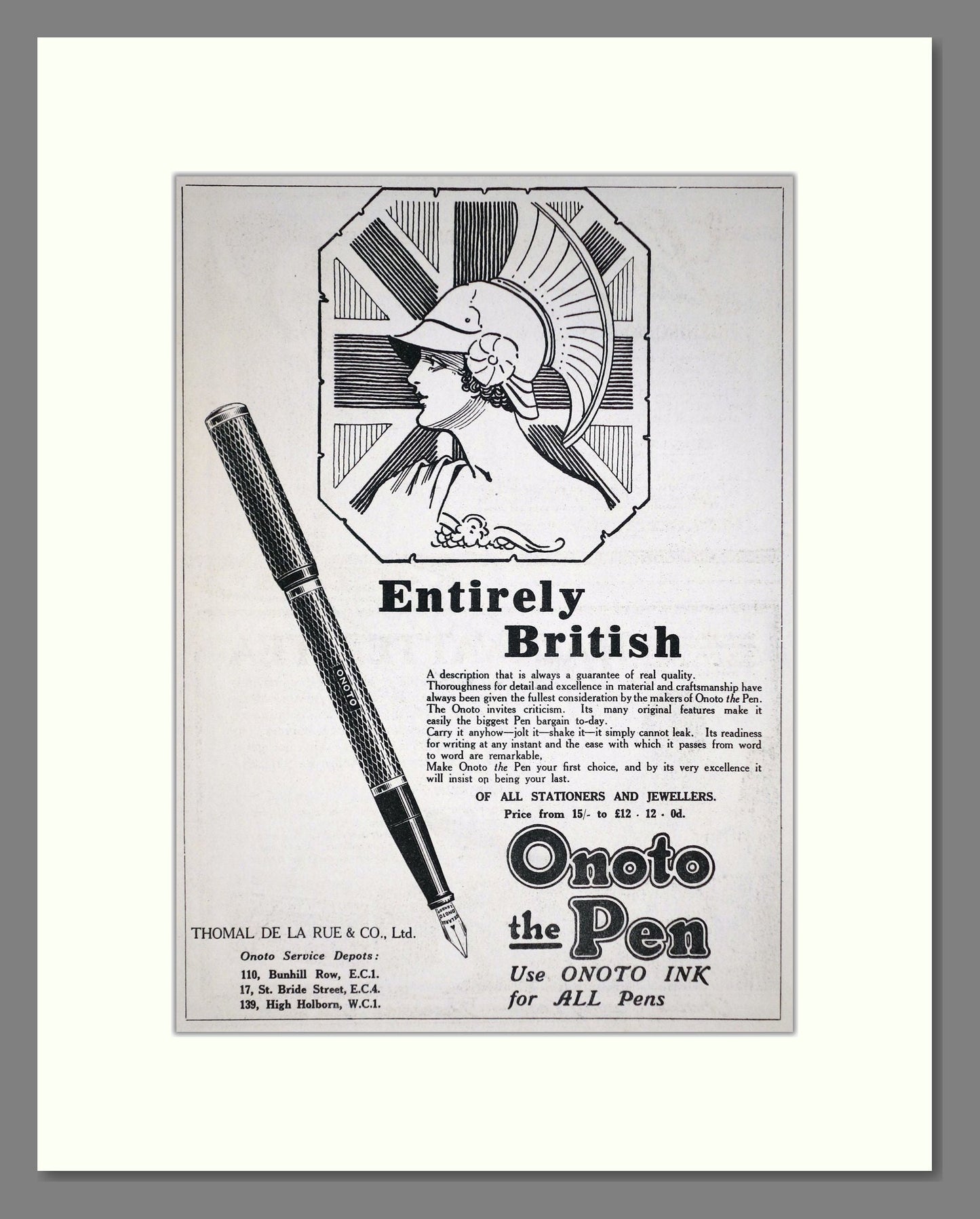 Onoto Pens - Entirely British. Vintage Advert 1926 (ref AD67790)