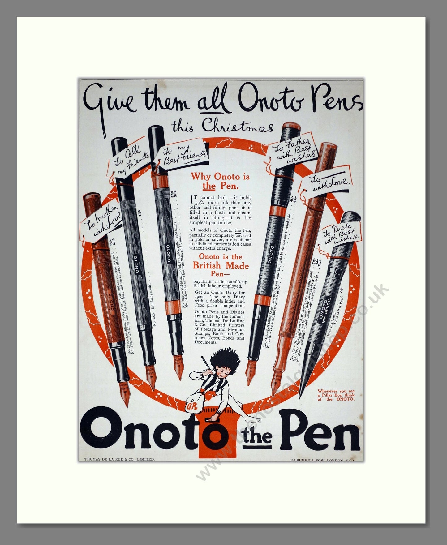 Onoto Pens - Christmas Gifts. Vintage Advert 1921 (ref AD67791)