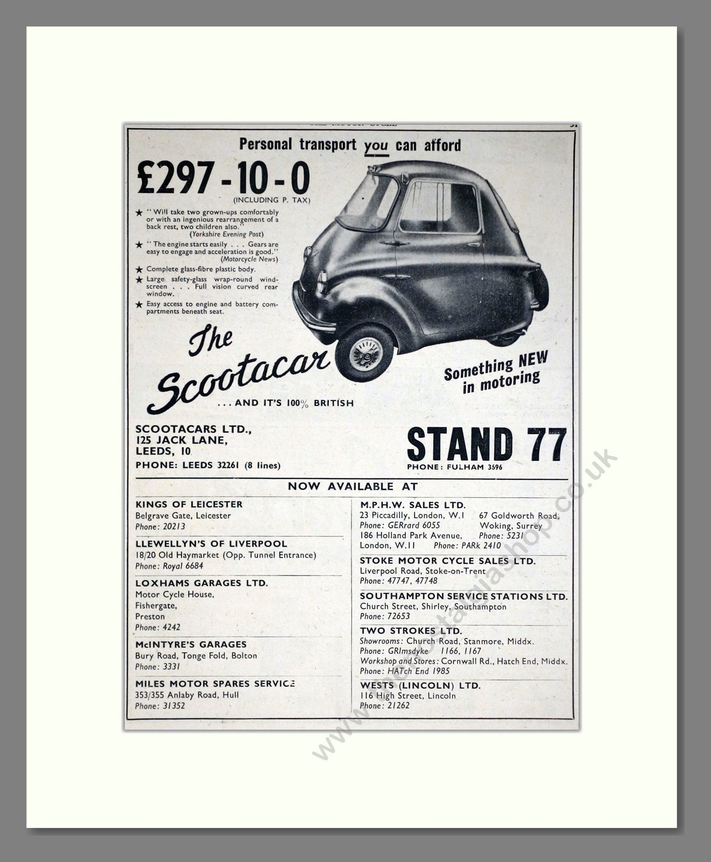 Scootacar - 3 Wheel Car. Vintage Advert 1958 (ref AD67839)