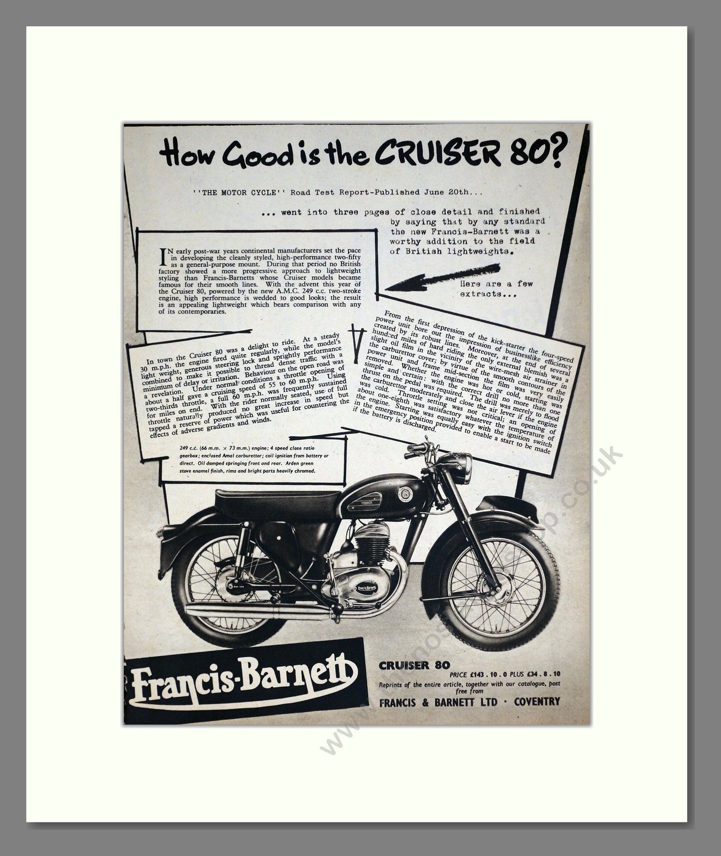Francis Barnett - Cruiser 80. Vintage Advert 1957 (ref AD67866)