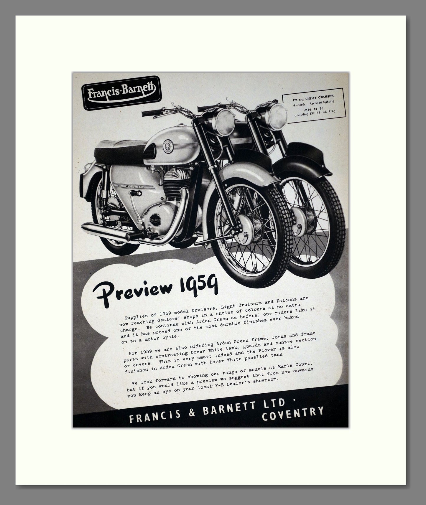 Francis Barnett - Light Cruiser. Vintage Advert 1958 (ref AD67868)