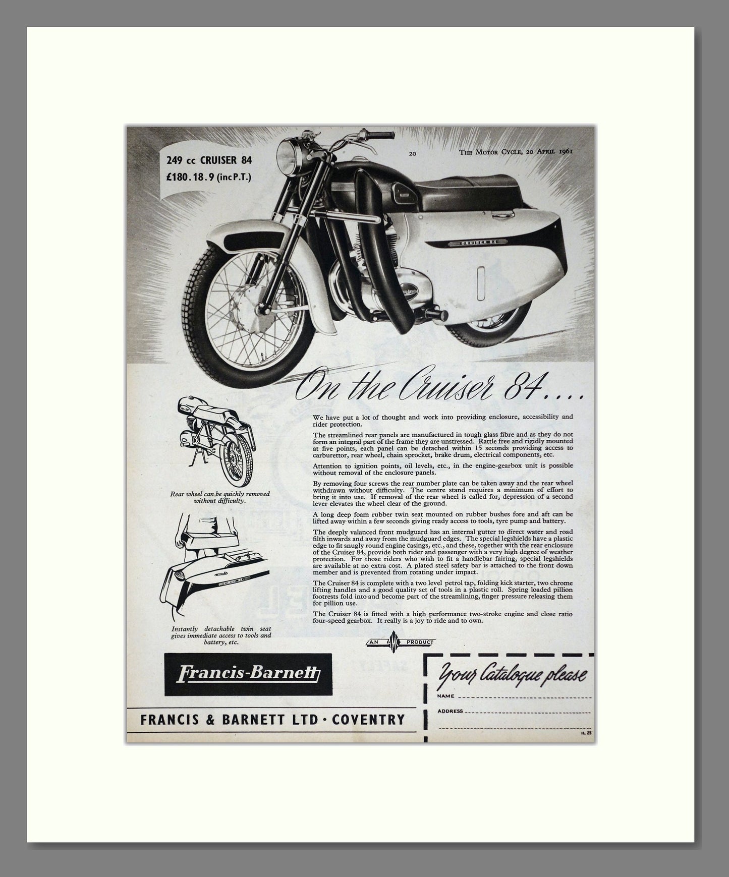 Francis Barnett - Cruiser 84. Vintage Advert 1961 (ref AD67869)