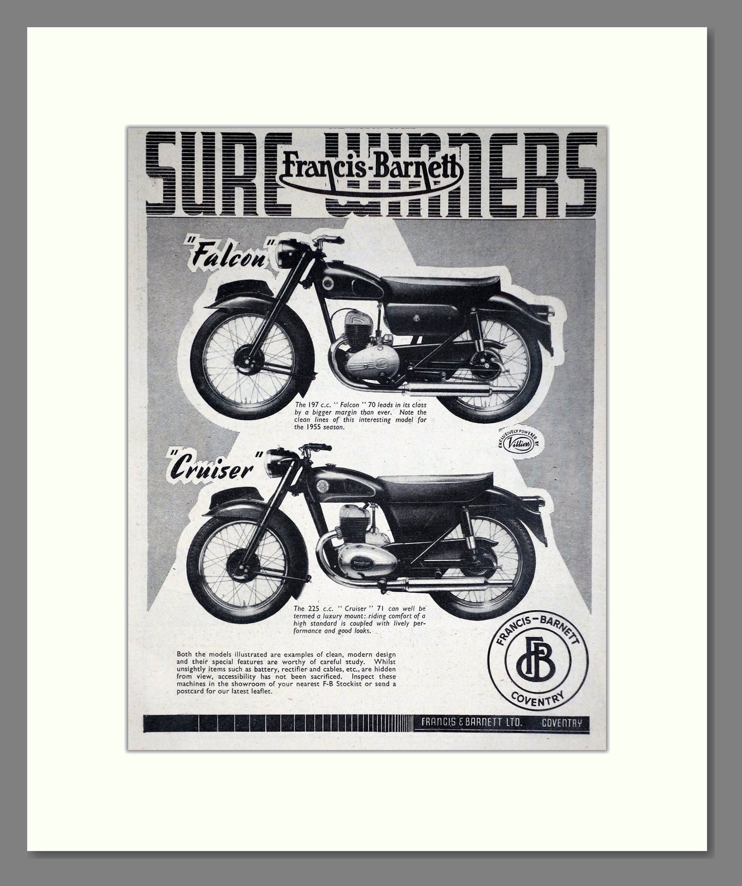 Francis Barnett - Falcon / Cruiser. Vintage Advert 1954 (ref AD67871)