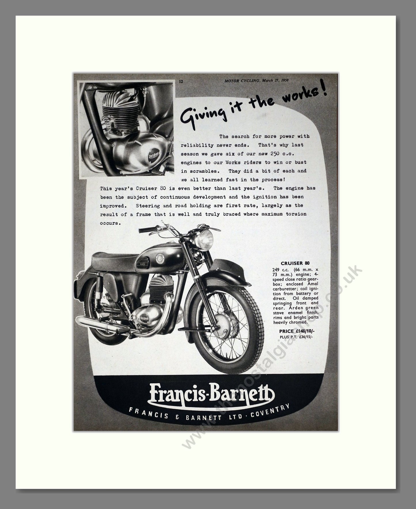Francis Barnett - Cruiser 80. Vintage Advert 1958 (ref AD67874)