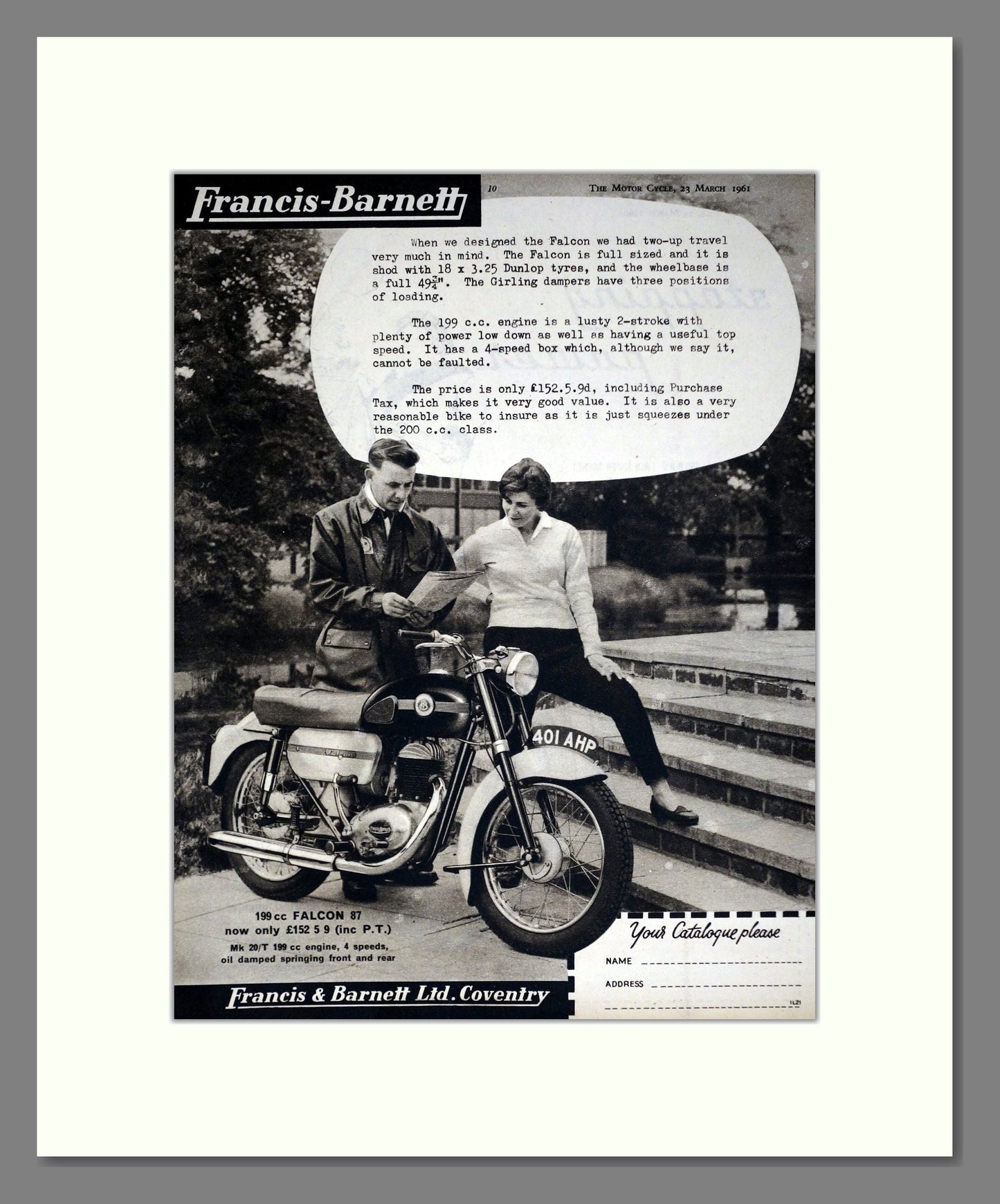 Francis Barnett - Falcon 87. Vintage Advert 1961 (ref AD67893)
