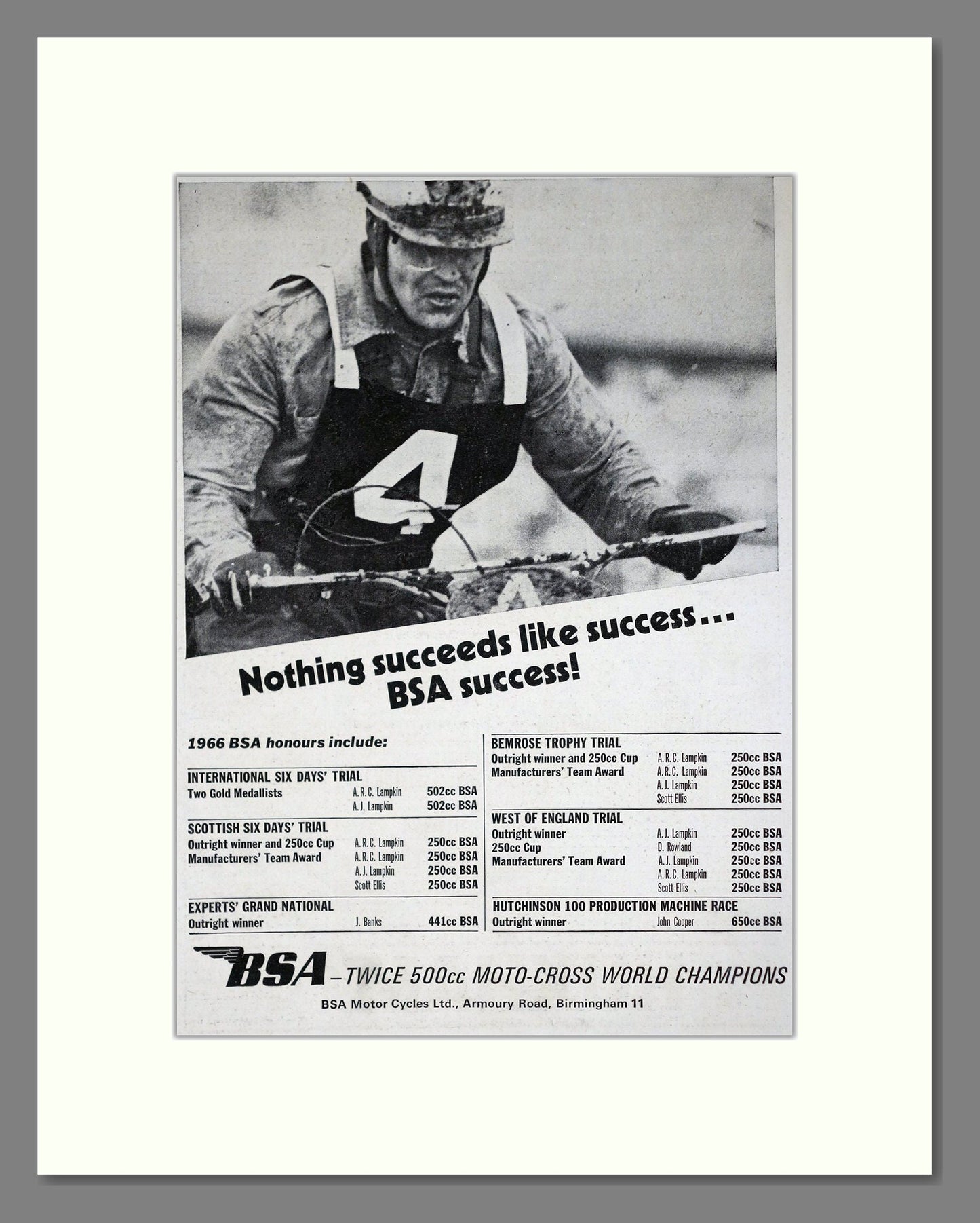 BSA - Moto Cross Champions. Vintage Advert 1966 (ref AD67904)