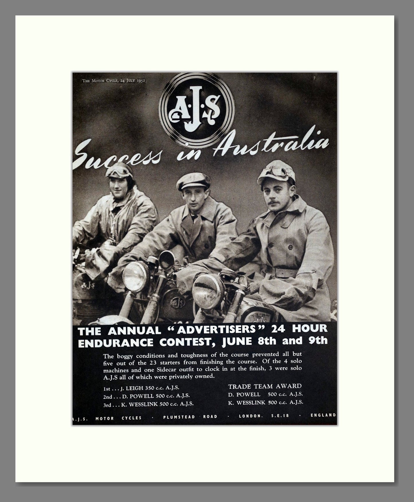 AJS - Australian Endurance Winner. Vintage Advert 1952 (ref AD67913)