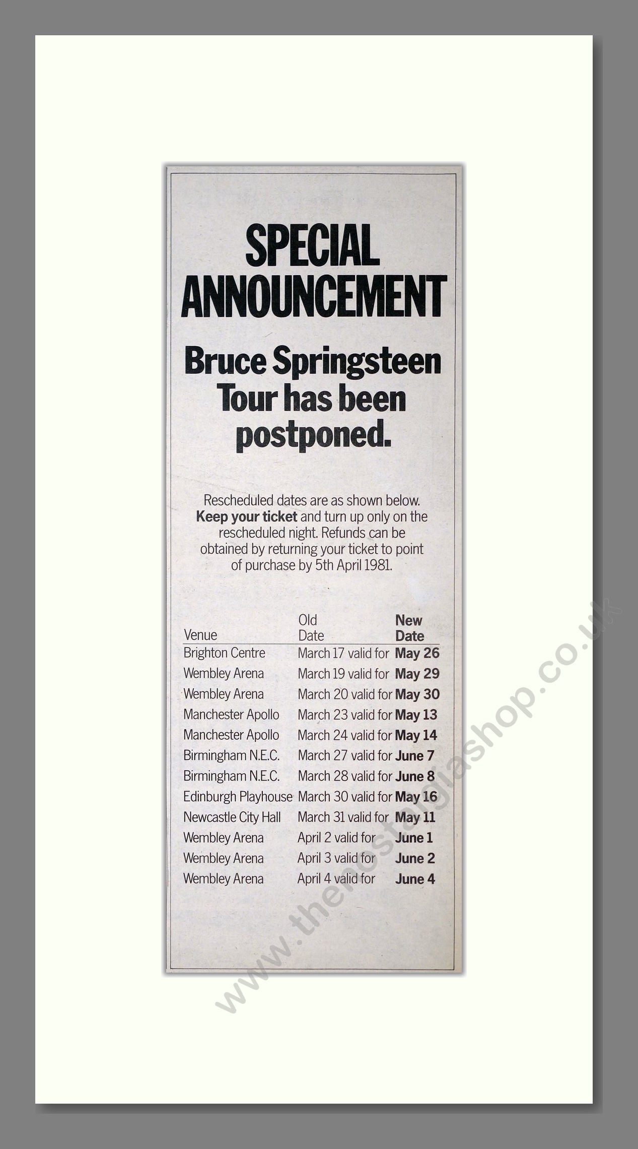 Bruce Springsteen - UK Tour Postponed. Vintage Advert 1981 (ref AD21239)