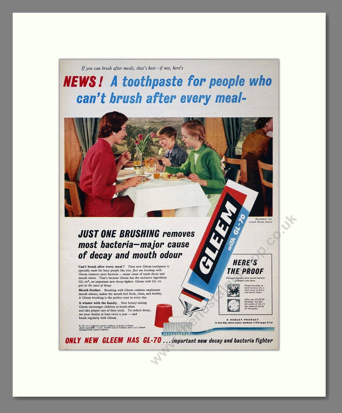Gleem Toothpaste with GL-70. Original Advert 1956 (ref AD303903)
