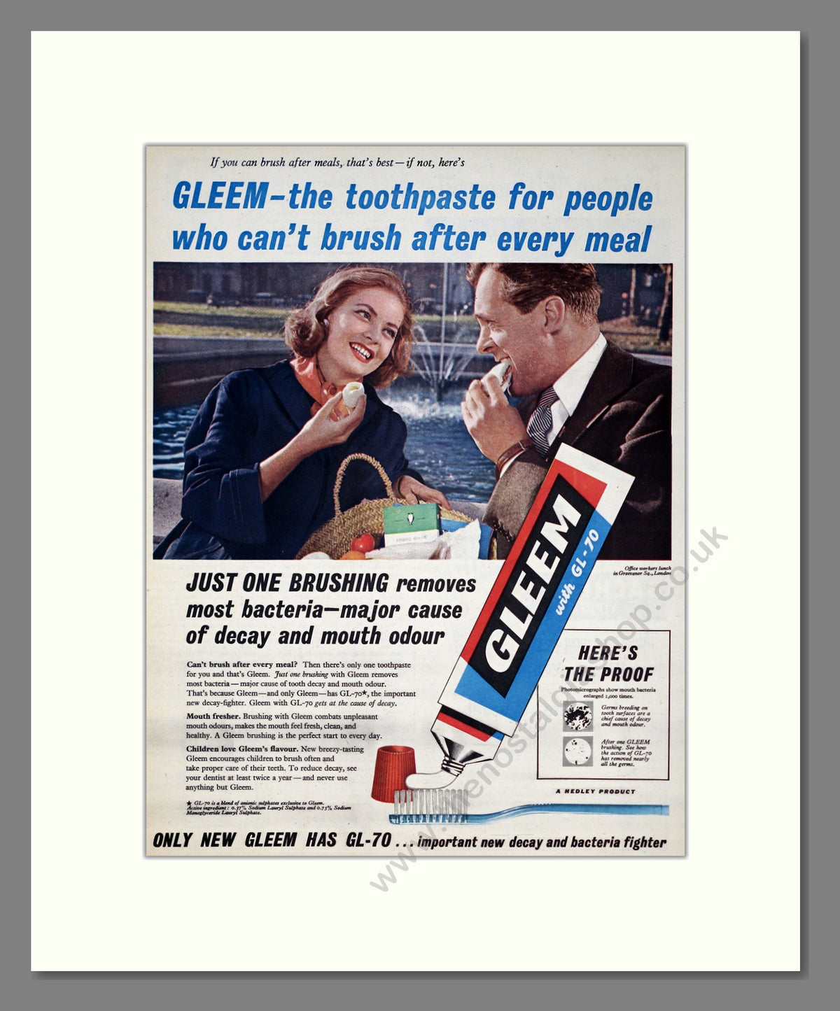 Gleem Toothpaste with GL-70. Original Advert 1957 (ref AD303906)