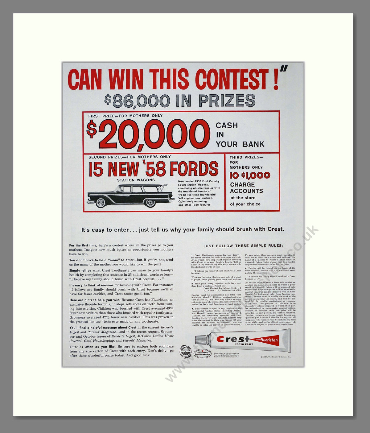 Crest Toothpaste. Win A Ford! Original Advert 1957 (ref AD303939)