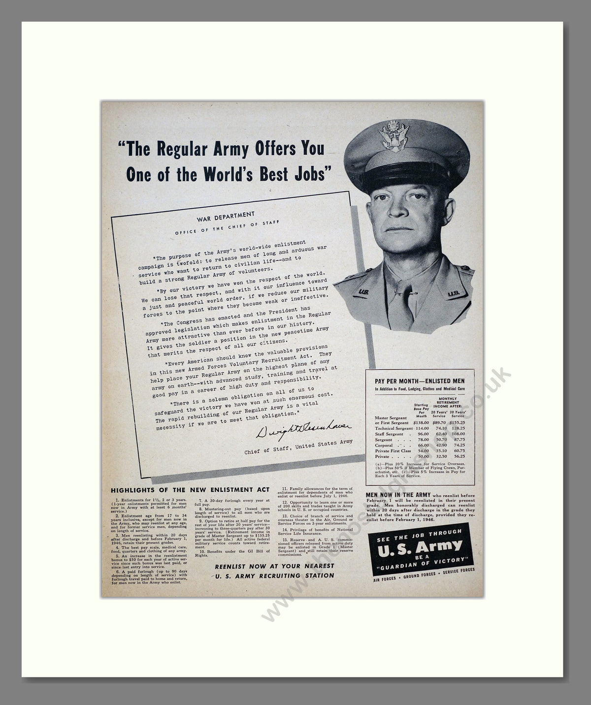 U.S. Army Enlist. Original Advert 1946 (ref AD303913)