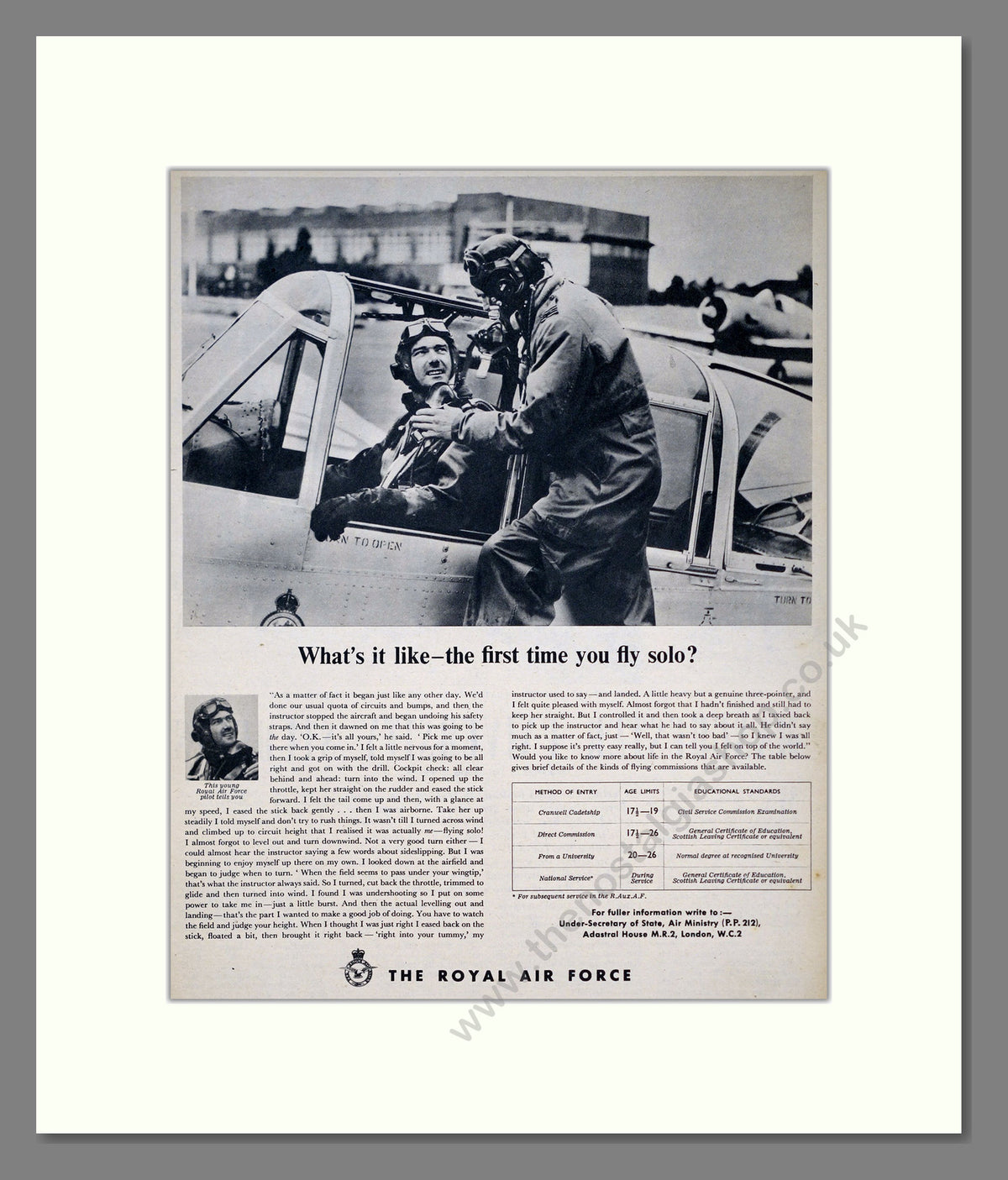 Royal Air Force First Solo Flight. Original Advert 1955 (ref AD303993)