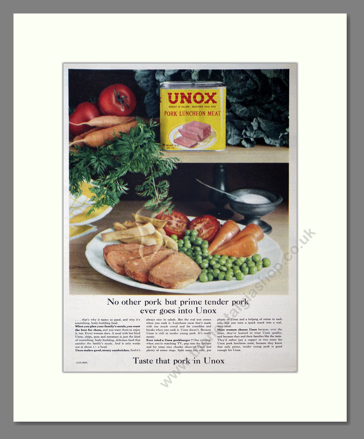 Unox Pork Luncheon Meat. Original Advert 1960 (ref AD304043)