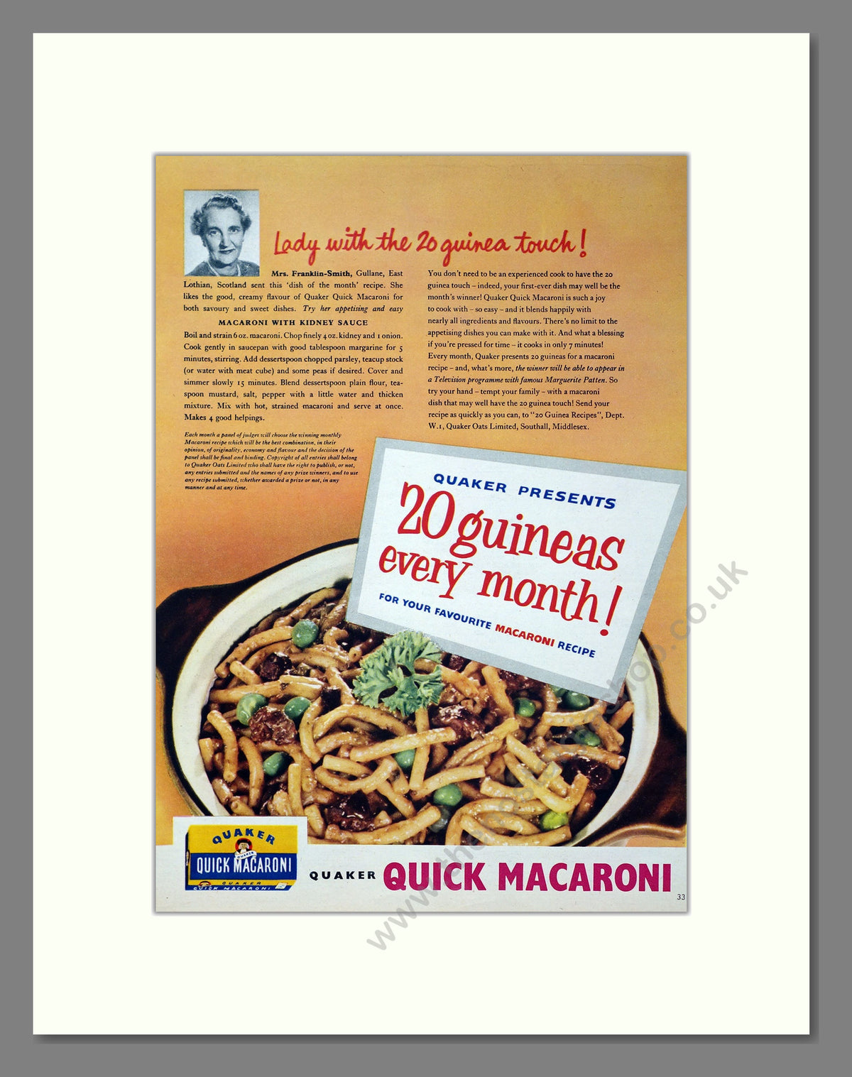 Quaker Quick Macaroni. Original Advert 1955 (ref AD304046)