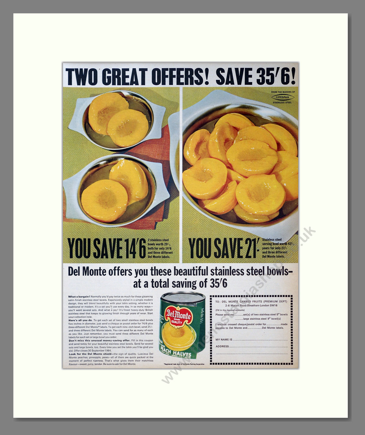 Del-Monte Peach Halves. Original Advert 1964 (ref AD304054)
