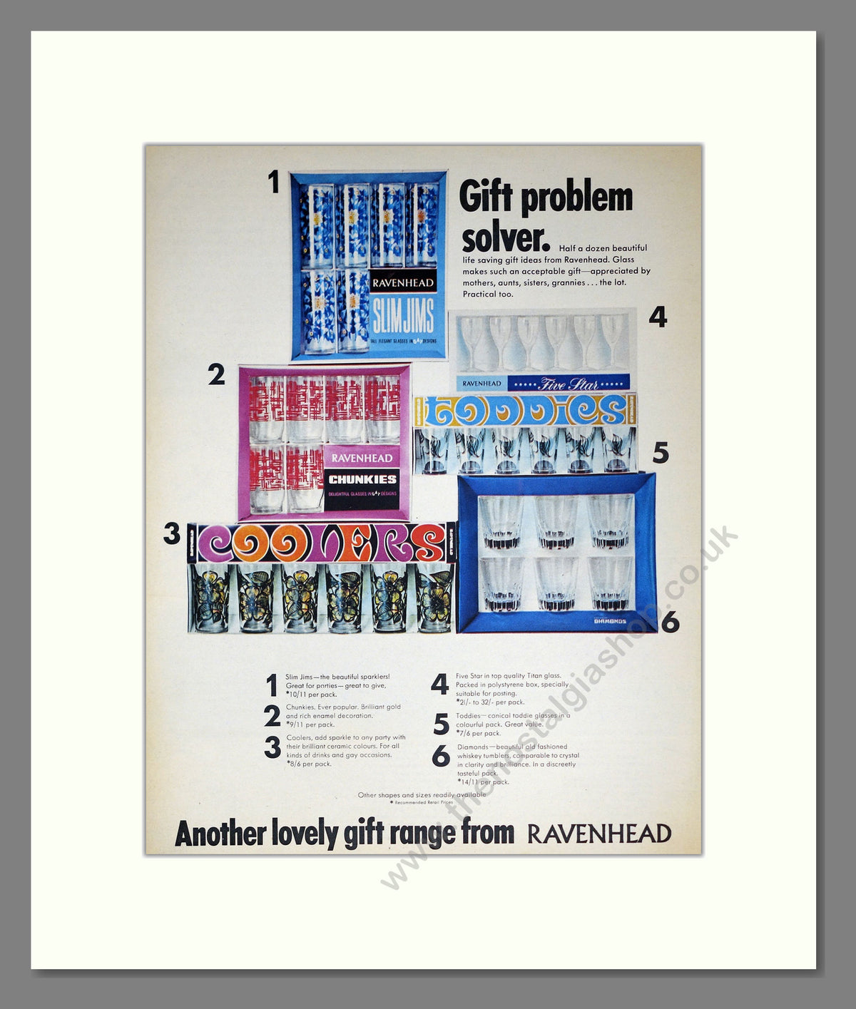 Ravenhead Drinking Glasses. Original Advert 1969 (ref AD304069)